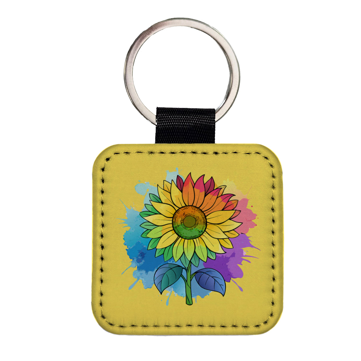Sunflower Rainbow Watercolor Square Faux Leather Keychain