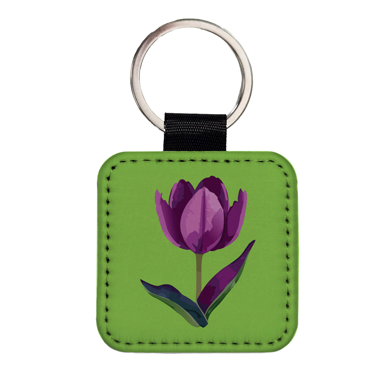 Tulip Flower Purple Watercolor Square Faux Leather Keychain