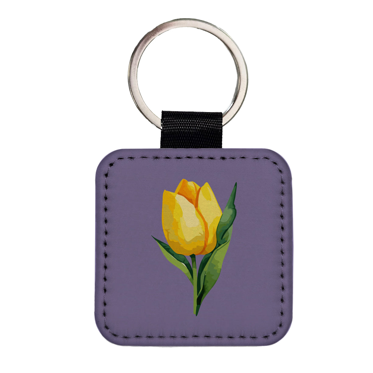 Tulip Flower Yellow Watercolor Square Faux Leather Keychain