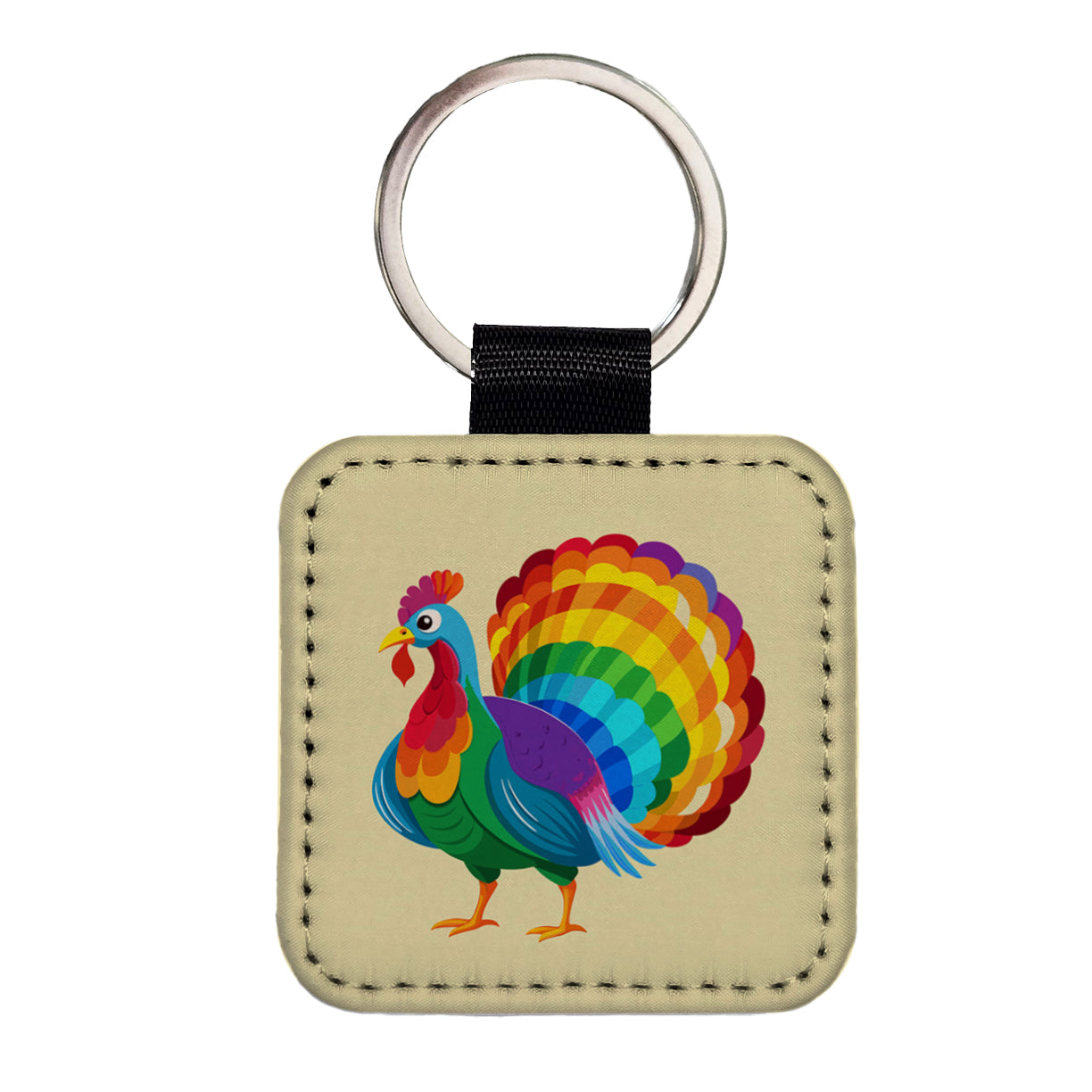 Turkey Rainbow Colored Thanksgiving Square Faux Leather Keychain