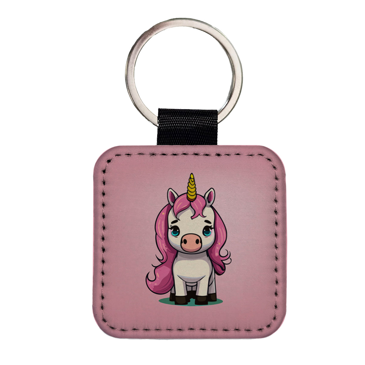 Unicorn Chibi Pink Hair Square Faux Leather Keychain
