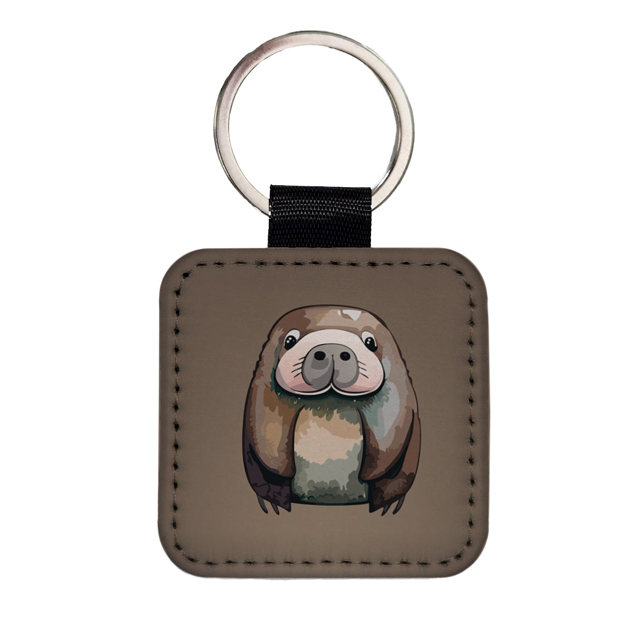 Walrus Cute Watercolor Square Faux Leather Keychain