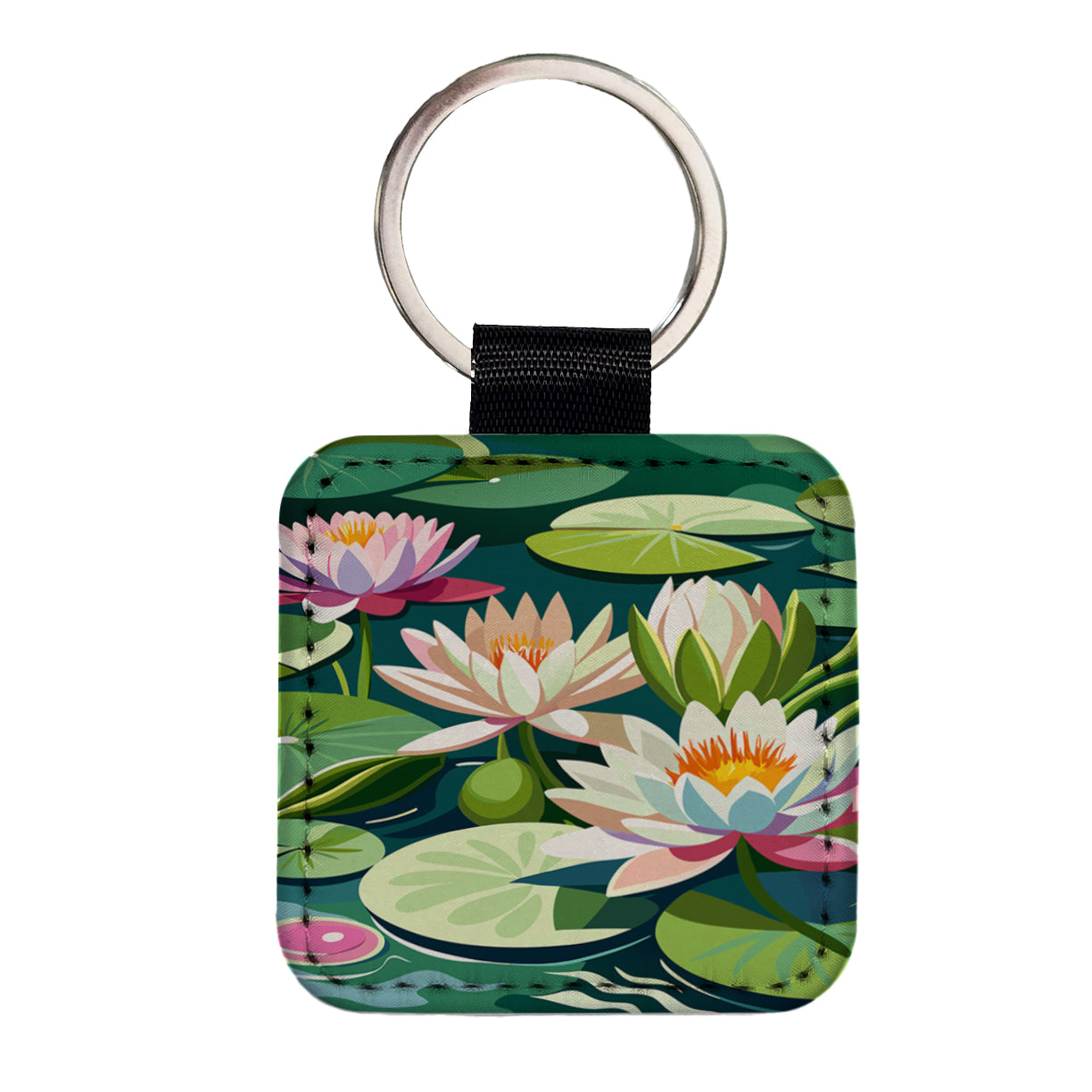 Water Lilies Lily Pond Square Faux Leather Keychain