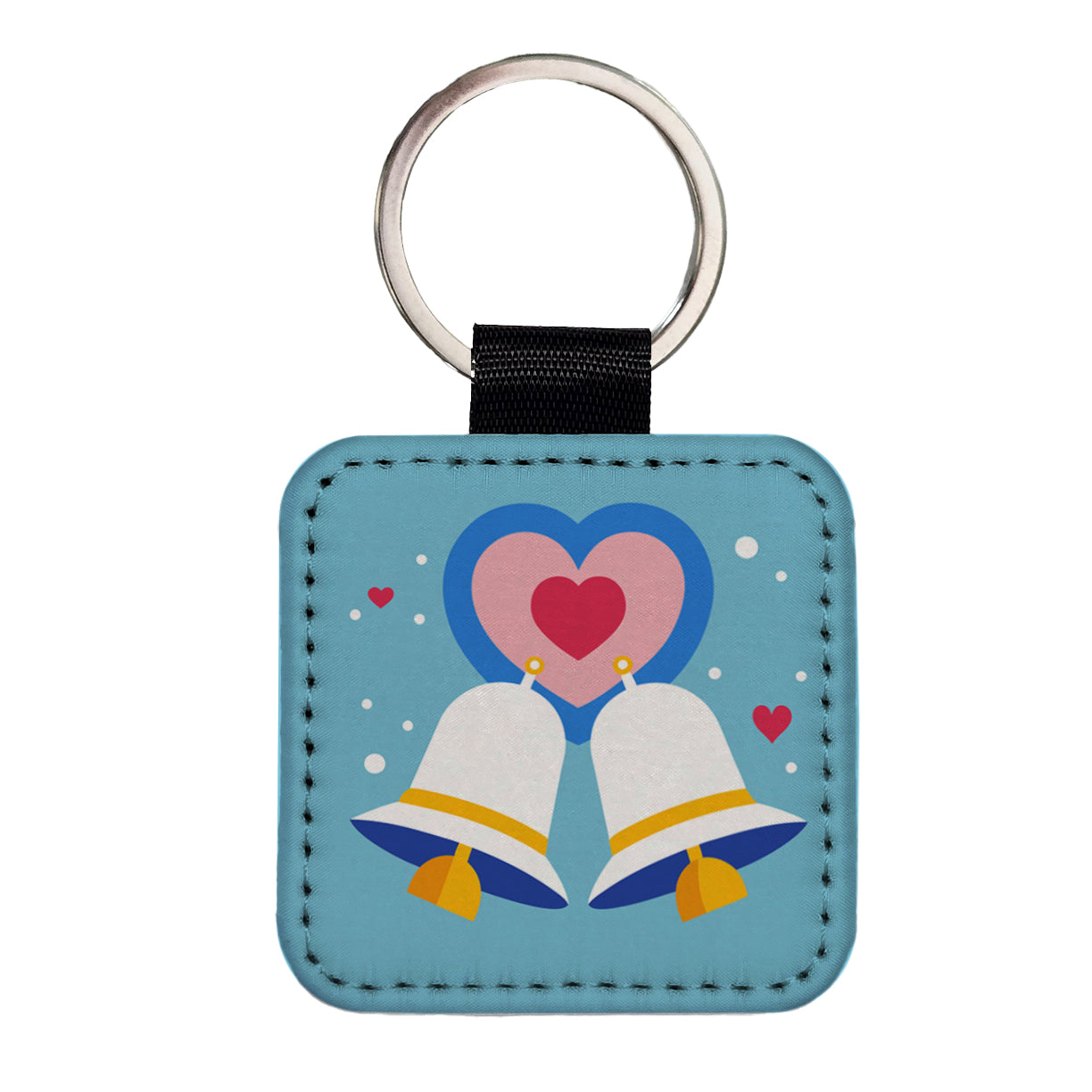 Wedding Bells Heart Love Marriage Square Faux Leather Keychain