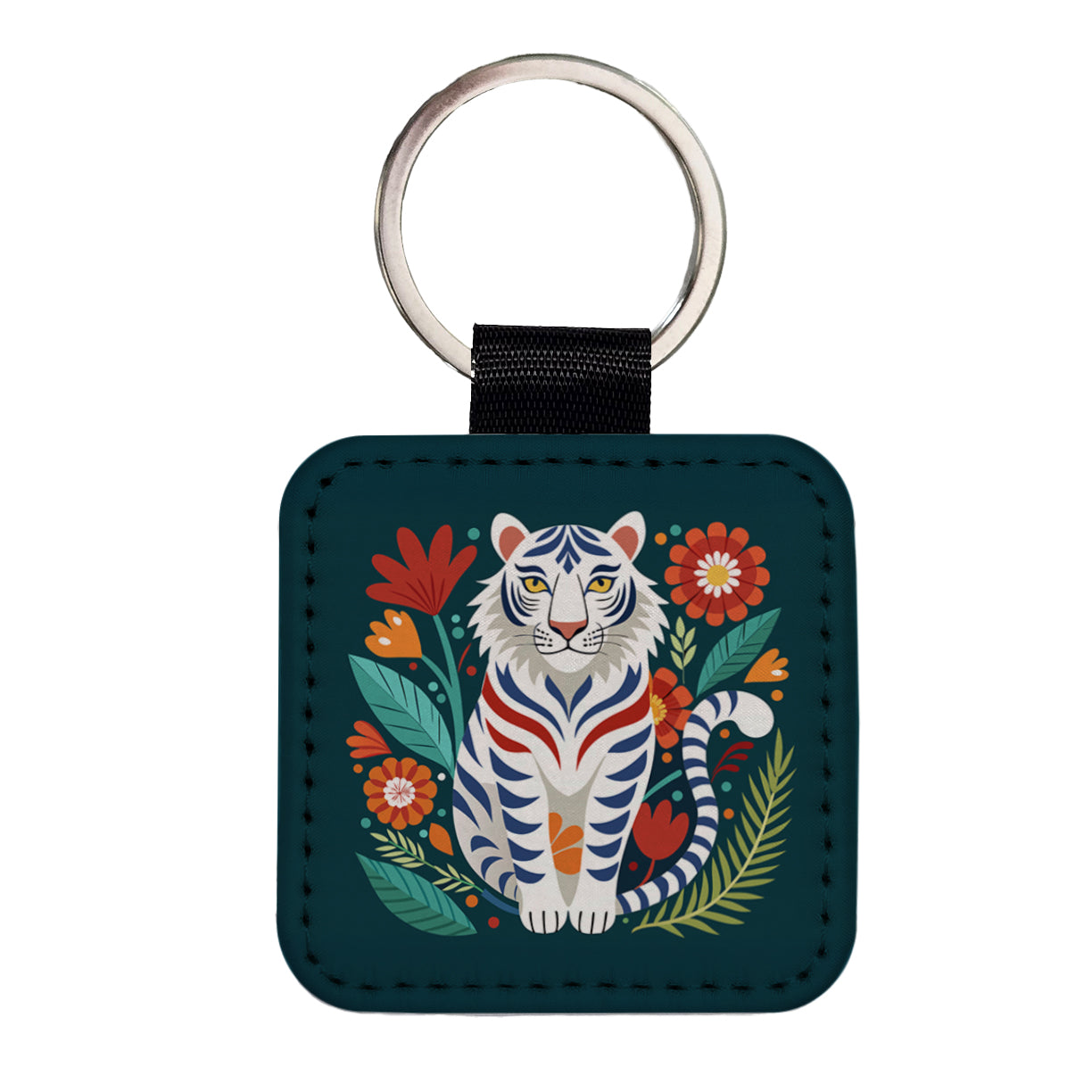 White Tiger Floral Flowers Square Faux Leather Keychain