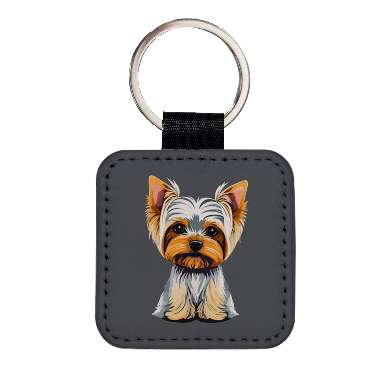 Yorkshire Terrier Dog Sitting Square Faux Leather Keychain