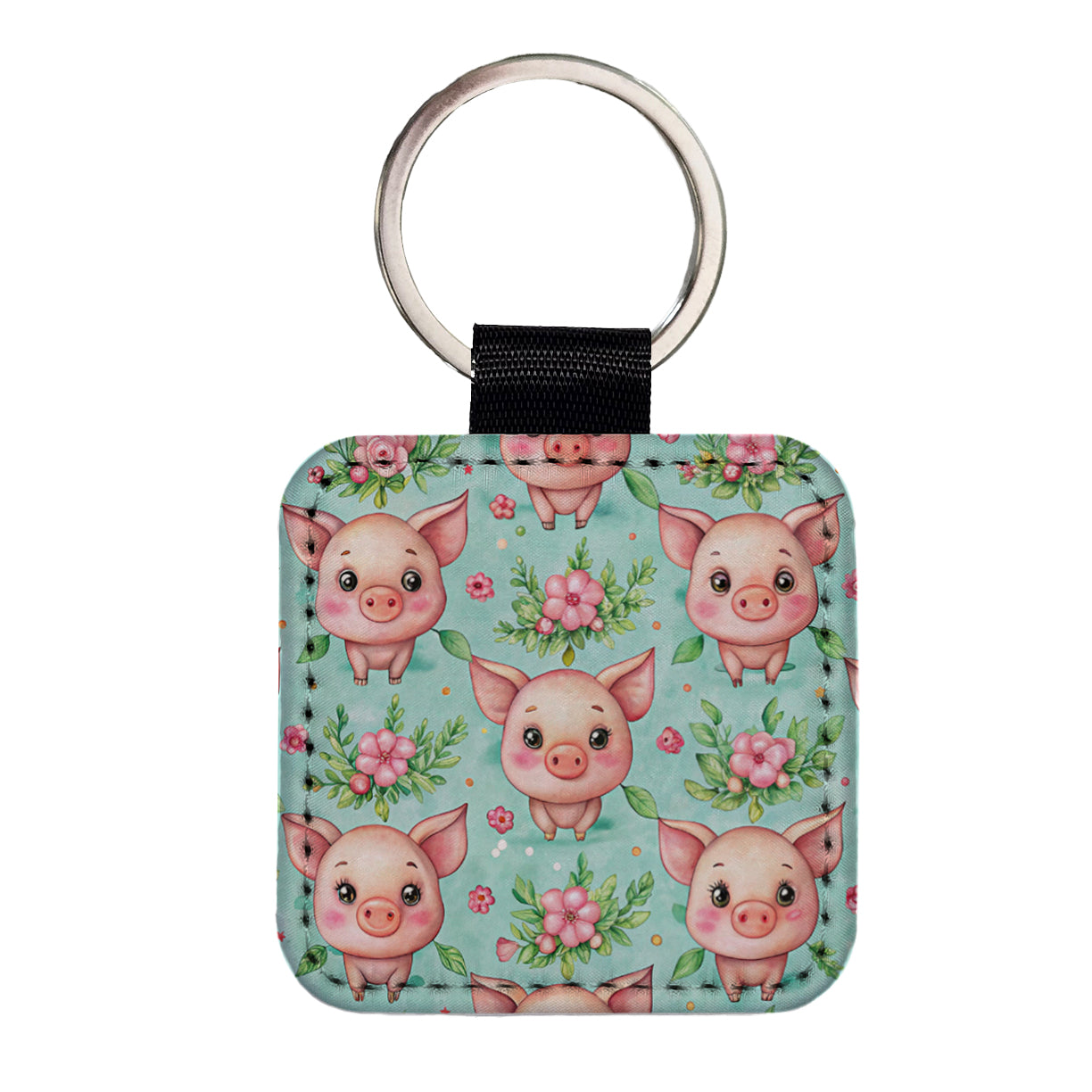 Adorable Pig Faces Watercolor Square Faux Leather Keychain