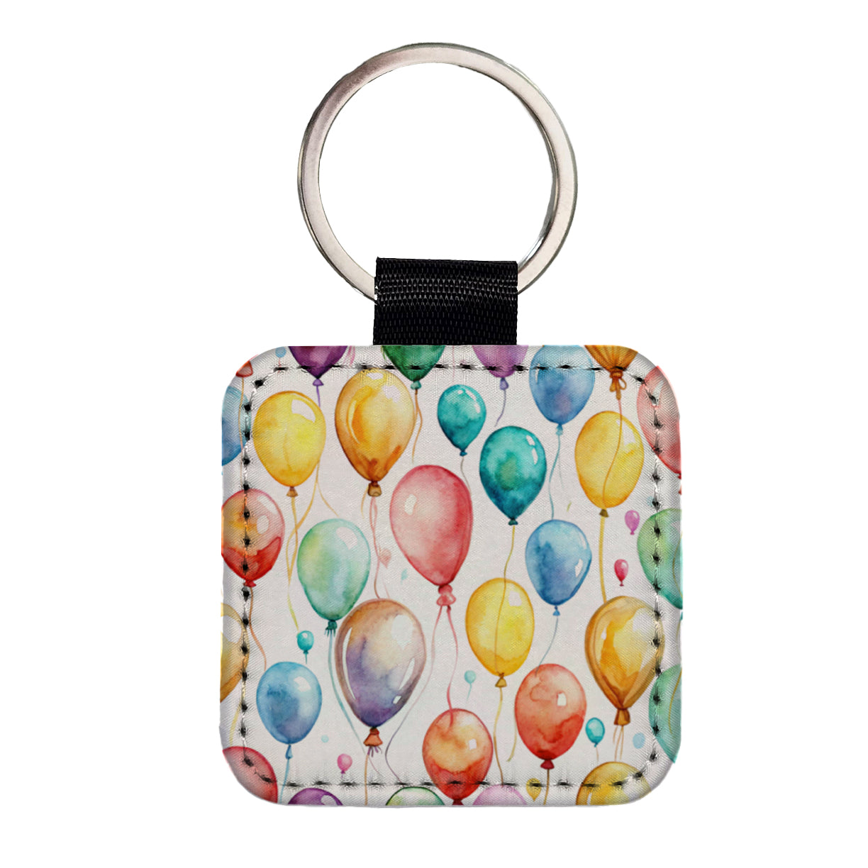 Balloons Colorful Watercolor Birthday Square Faux Leather Keychain