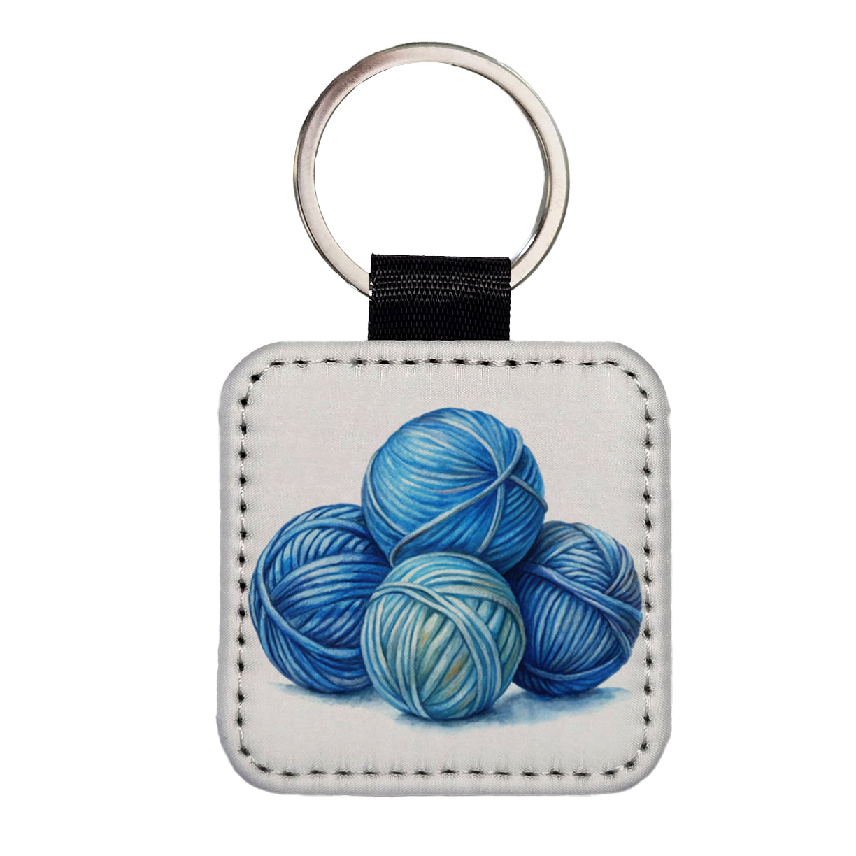 Balls Of Blue Yarn Knitting Crochet Watercolor Square Faux Leather Keychain