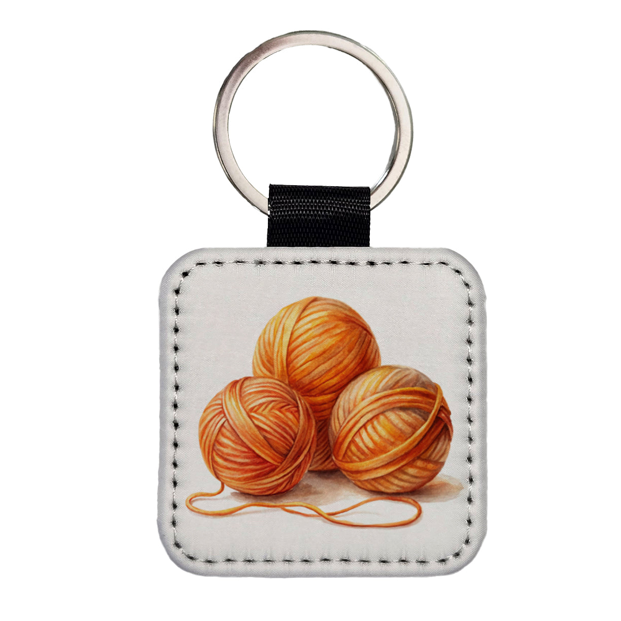 Balls Of Orange Yarn Knitting Crochet Watercolor Square Faux Leather Keychain