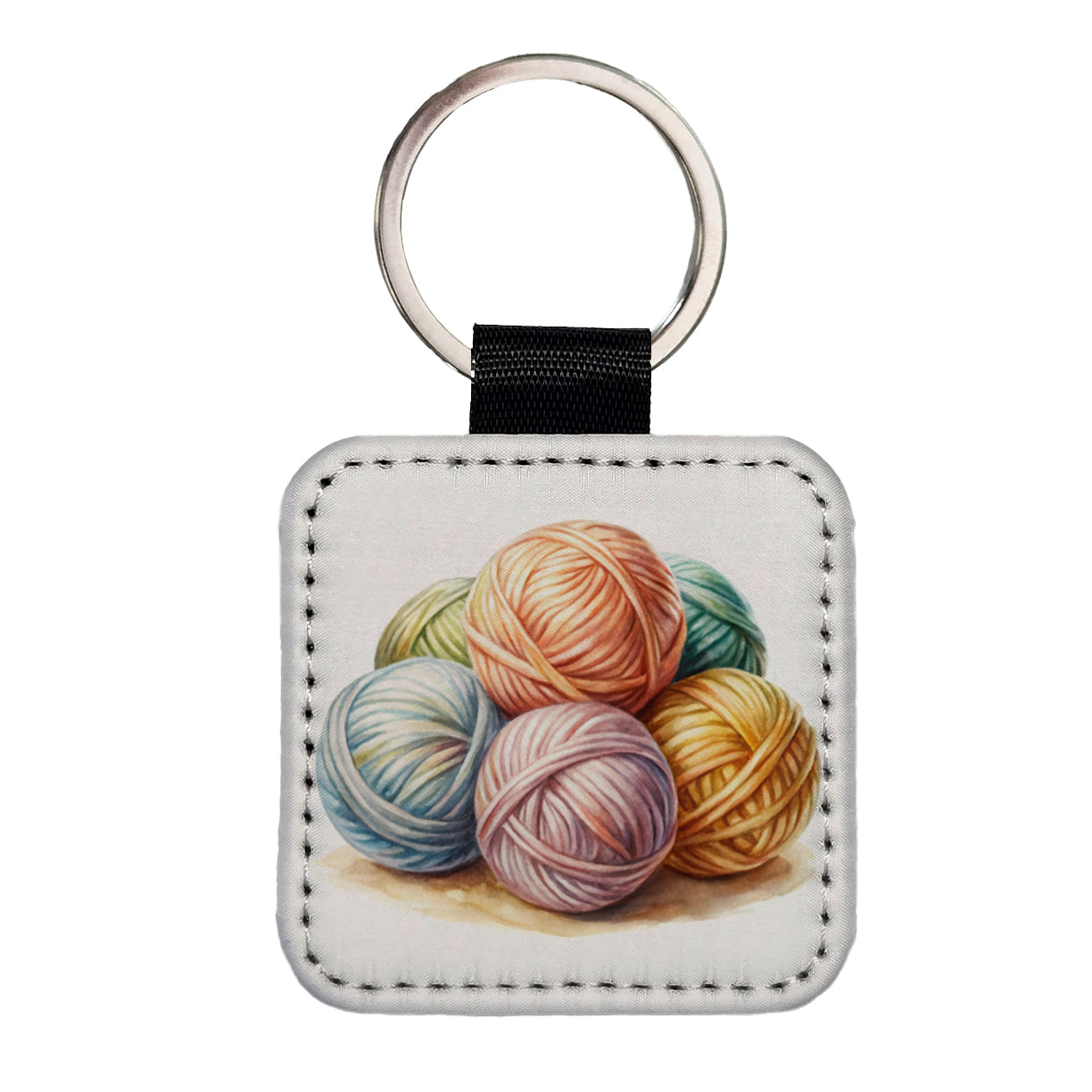 Balls Of Pastel Yarn Knitting Crochet Watercolor Square Faux Leather Keychain
