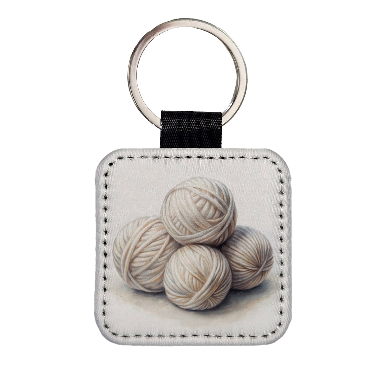 Balls Of White Yarn Knitting Crochet Watercolor Square Faux Leather Keychain