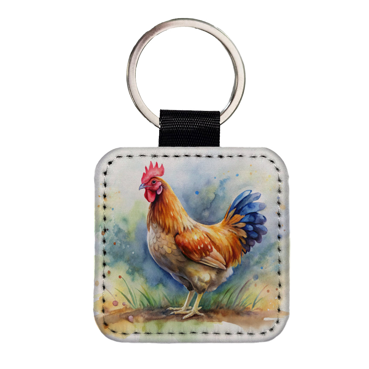 Beautiful Chicken Watercolor Square Faux Leather Keychain