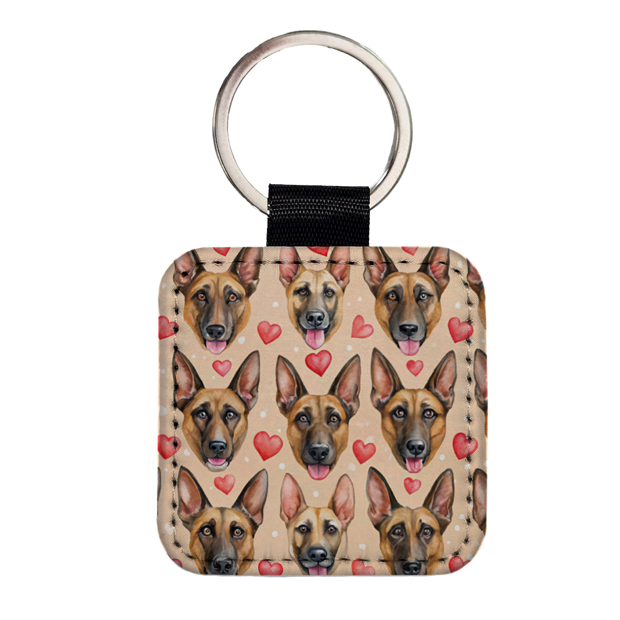 Belgian Malinois Dog Faces Hearts Square Faux Leather Keychain