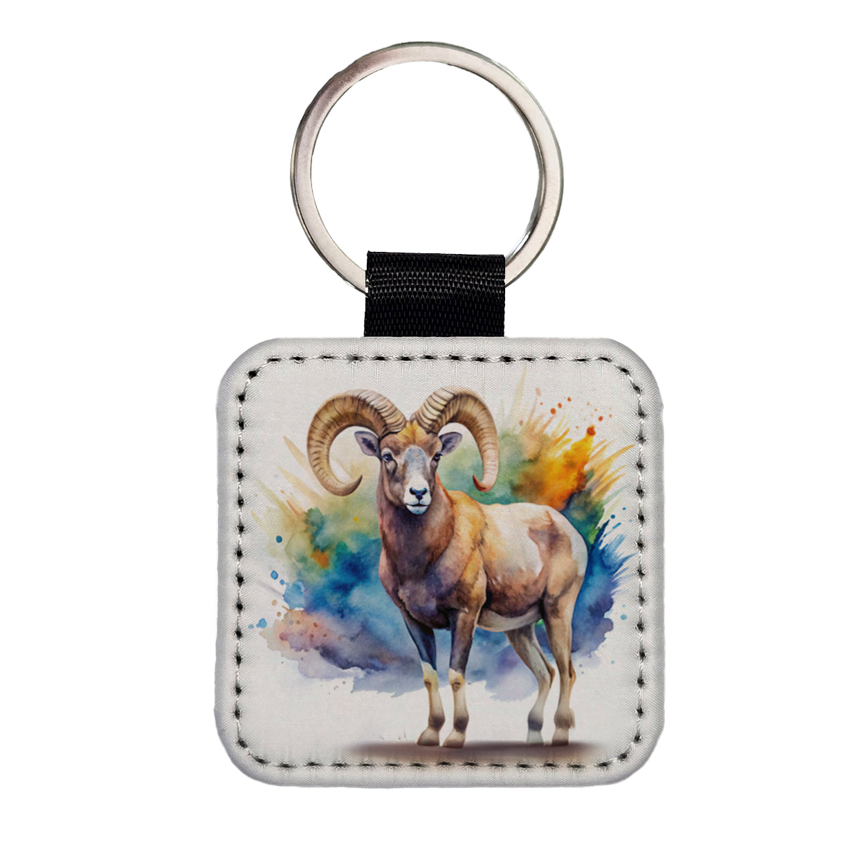 Bighorn Sheep Watercolor Design Square Faux Leather Keychain