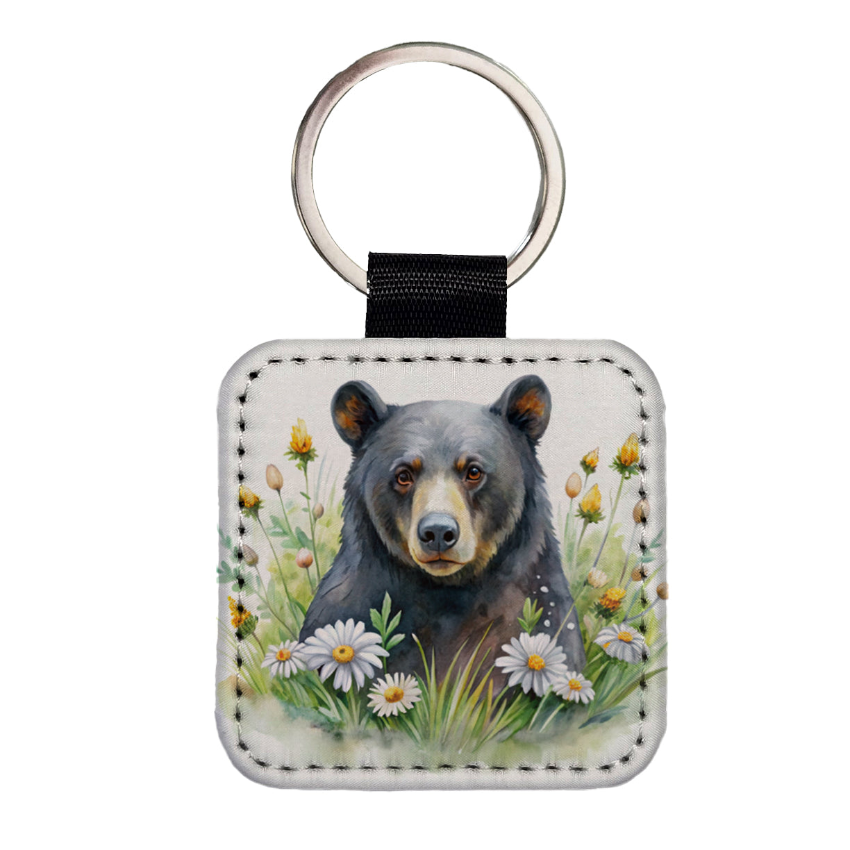 Black Bear Watercolor Design With Daisies Square Faux Leather Keychain