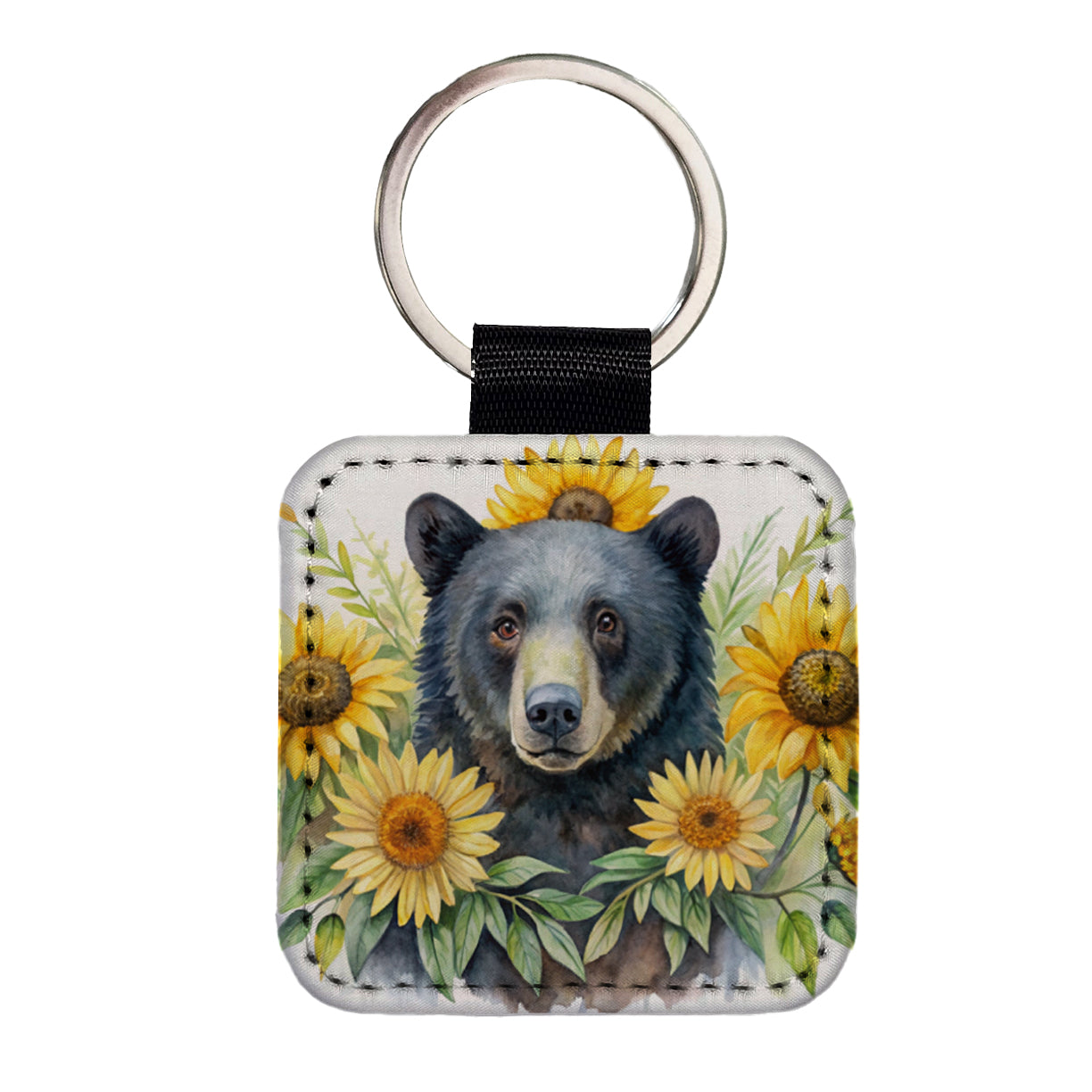 Black Bear Watercolor Design With Sunflowers Square Faux Leather Keychain