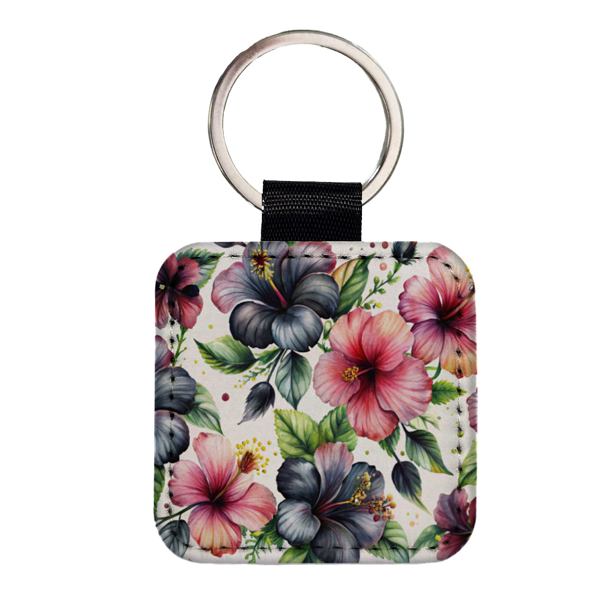Black Pink Hibiscus Flowers Watercolor Square Faux Leather Keychain