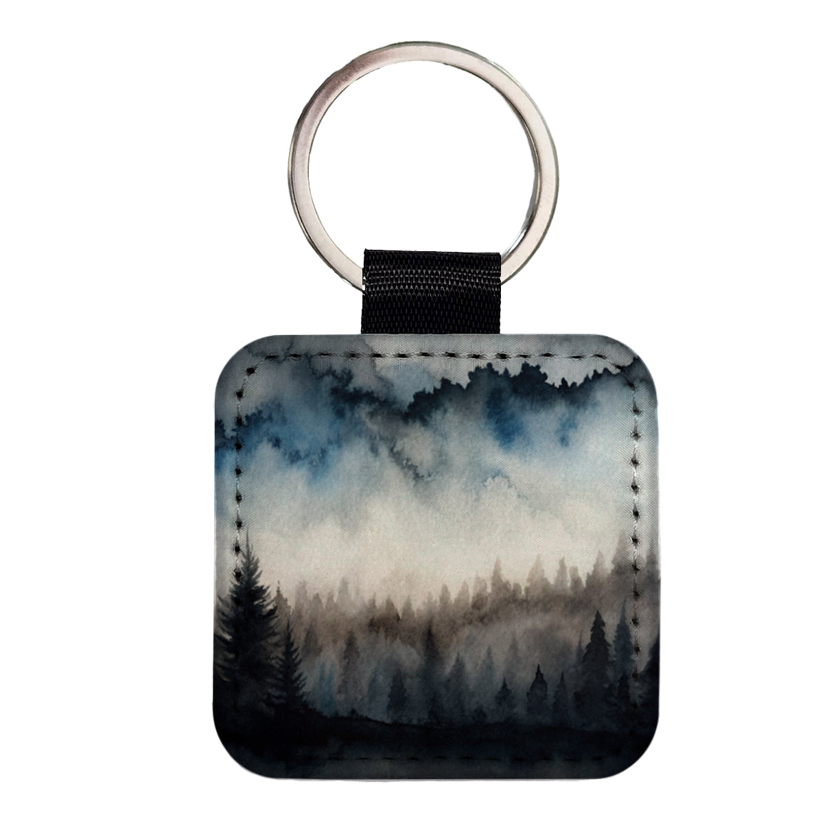 Black Shadow Forest Ombre Watercolor Square Faux Leather Keychain