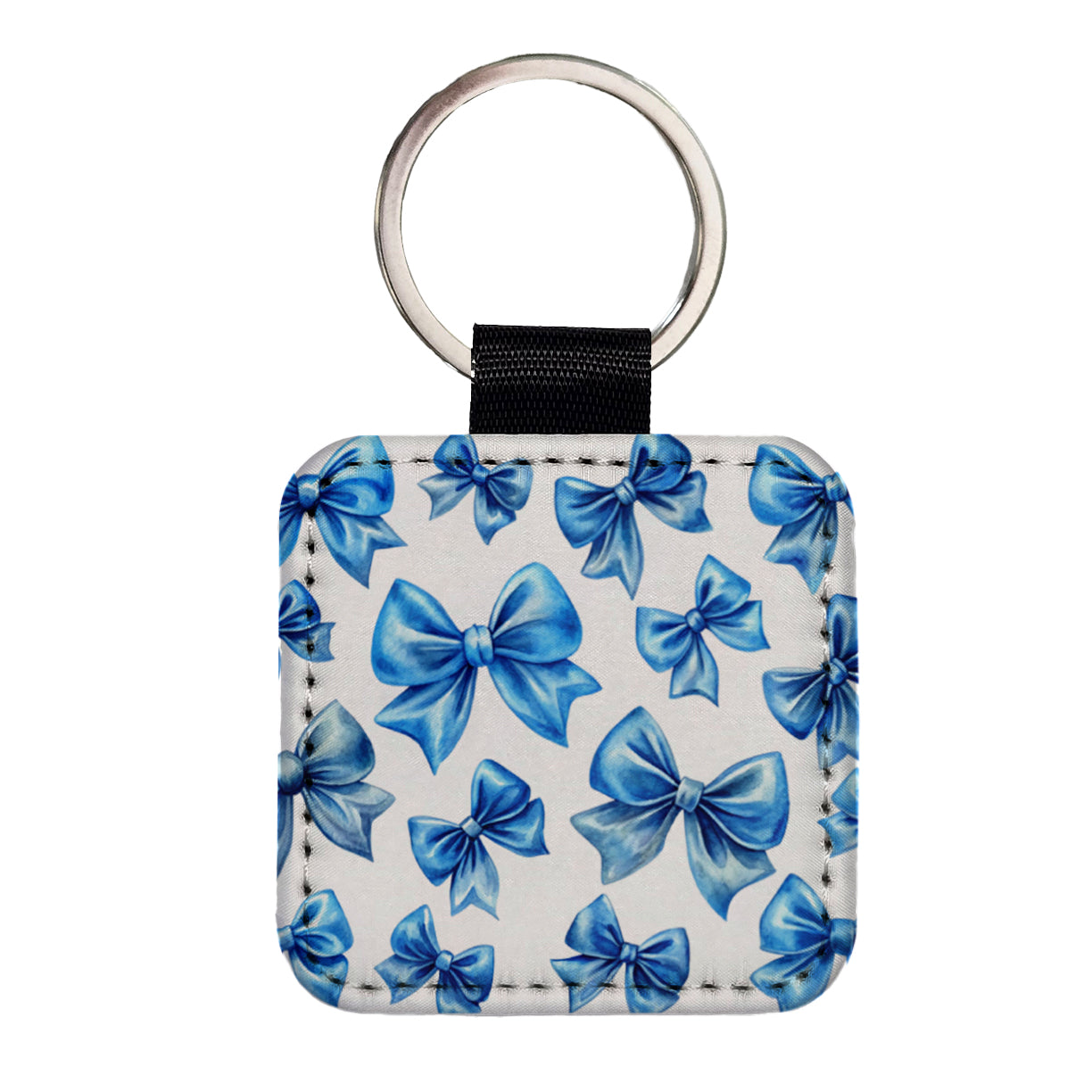 Blue Scattered Coquette Bows Watercolor Square Faux Leather Keychain