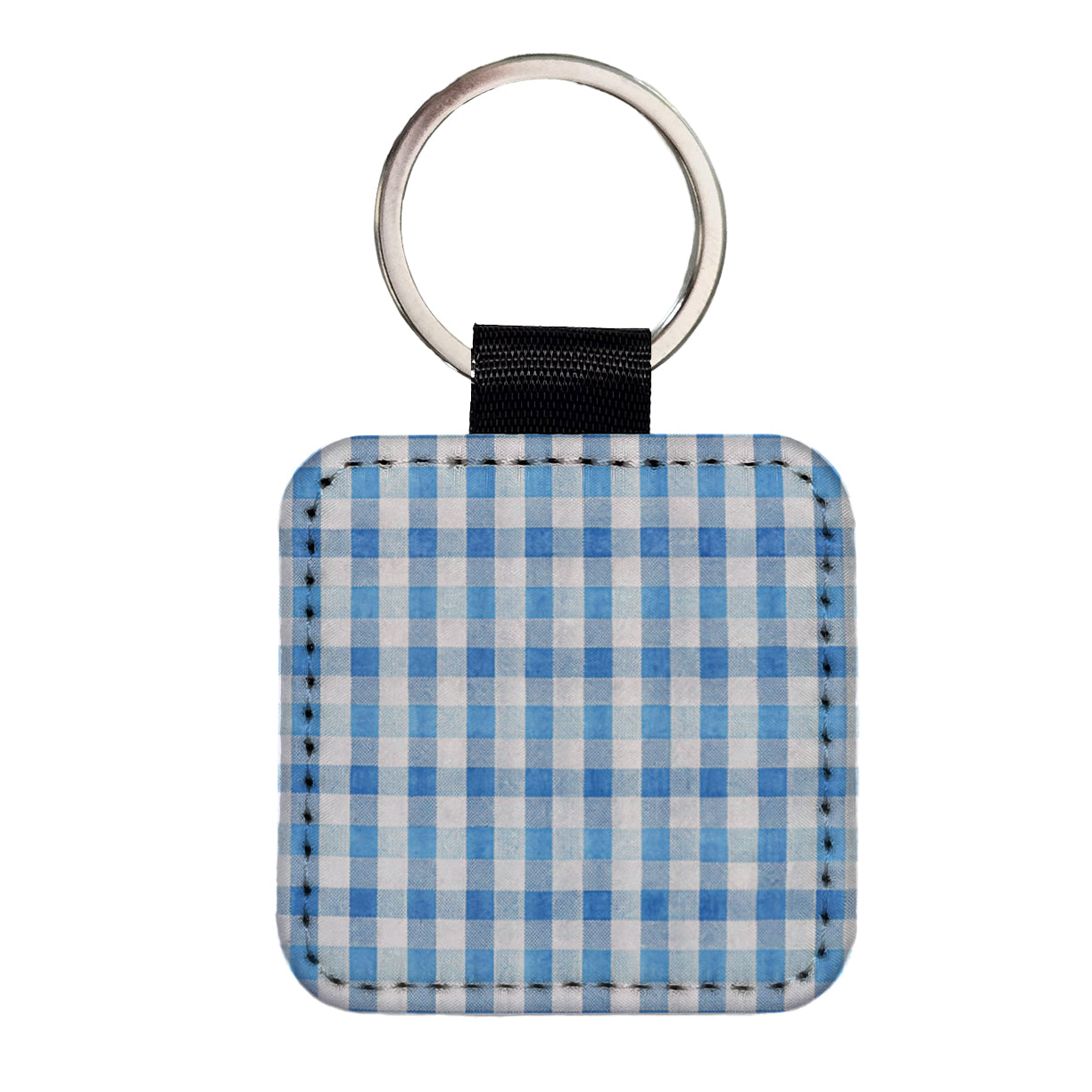 Blue White Gingham Watercolor Square Faux Leather Keychain