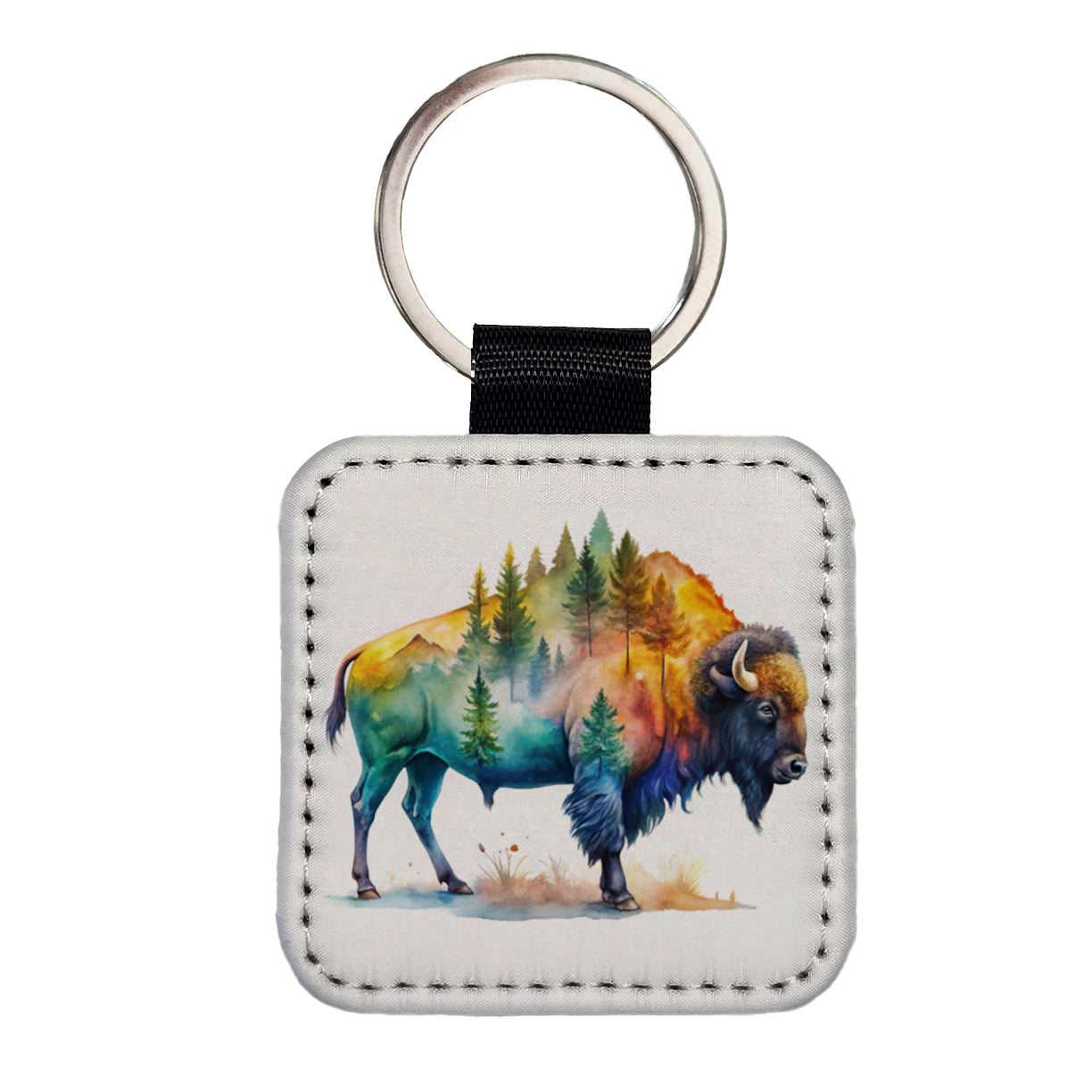 Buffalo In Forest Watercolor Design Square Faux Leather Keychain