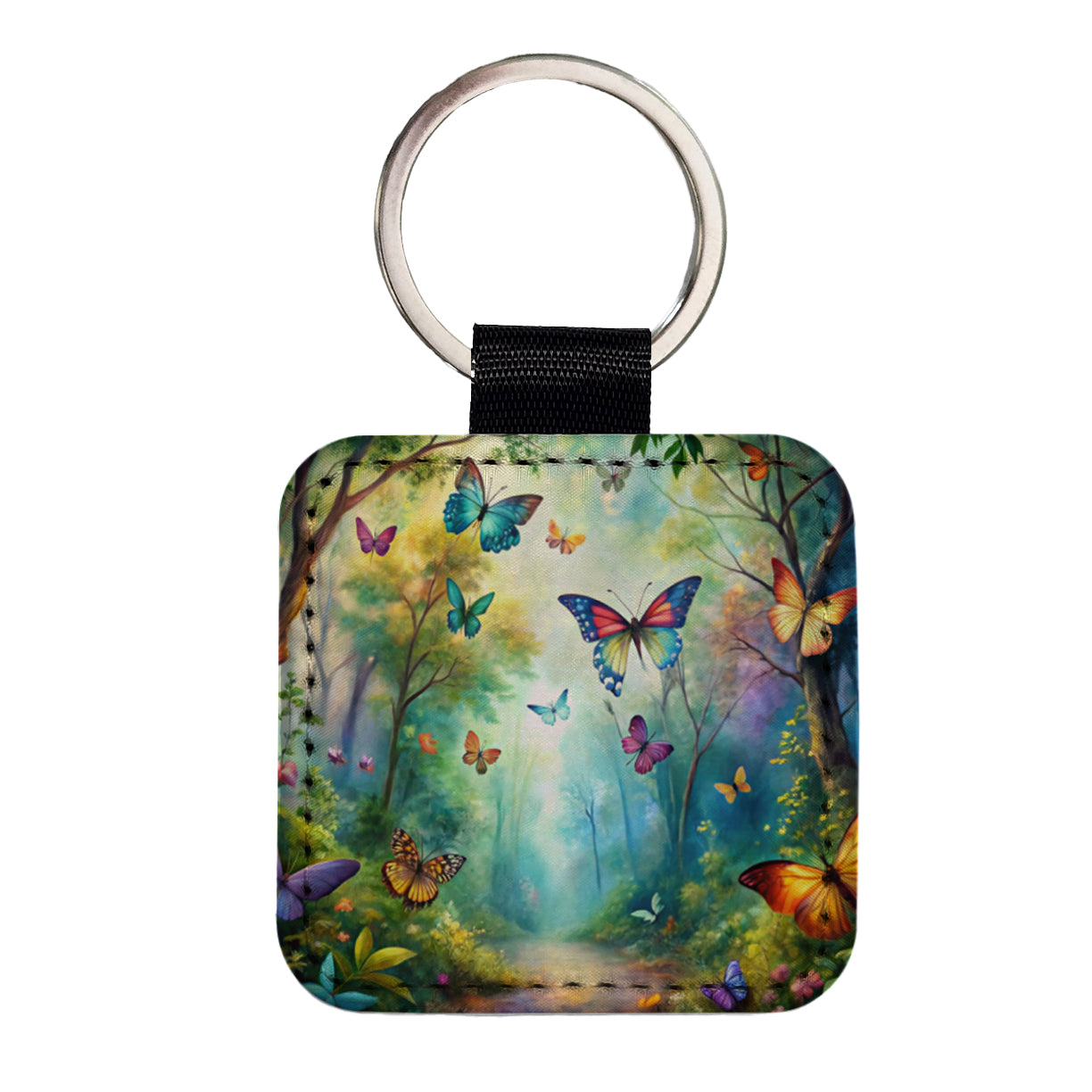Butterflies Forest Fantasy Watercolor Design Square Faux Leather Keychain