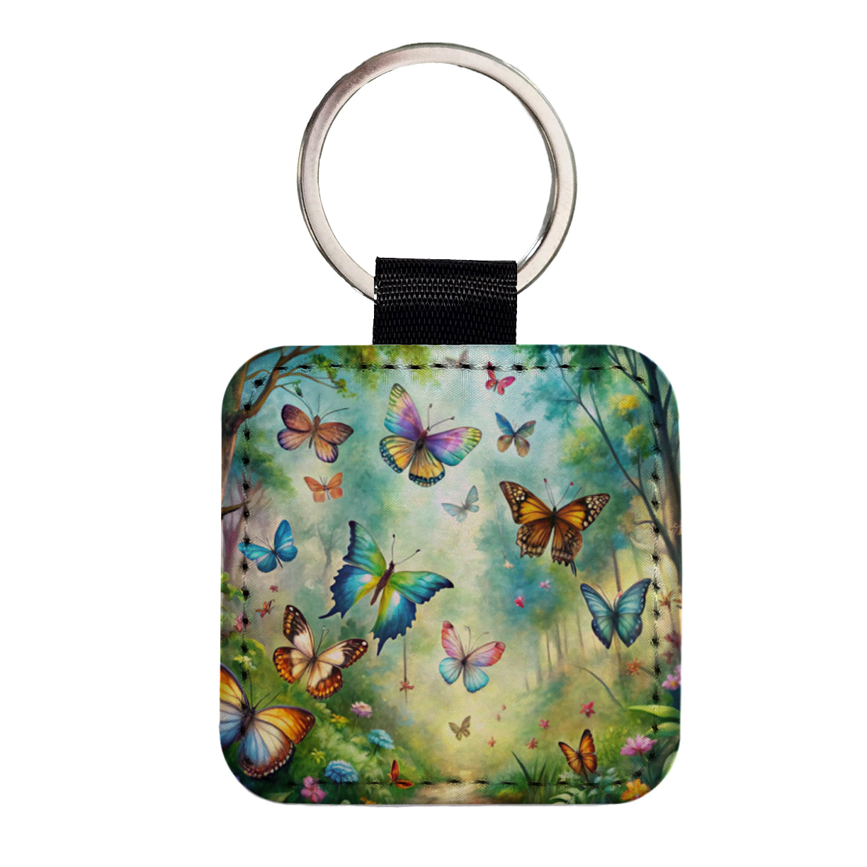 Butterflies In Forest Fantasy Watercolor Square Faux Leather Keychain