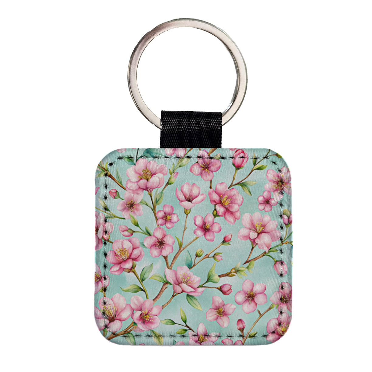 Cherry Blossom Flowers Light Blue Square Faux Leather Keychain