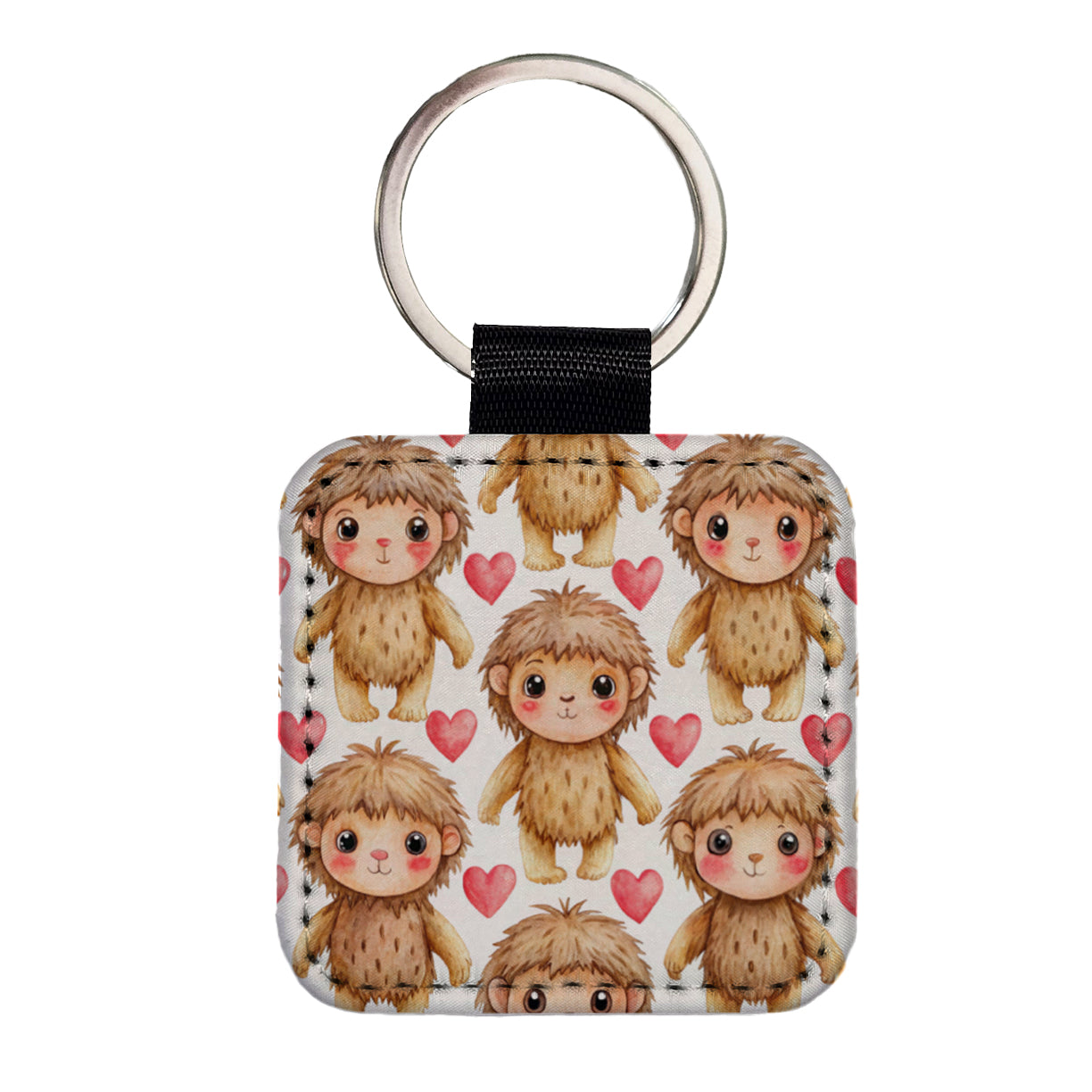 Chibi Sasquatch Big Foot Hearts Watercolor Square Faux Leather Keychain