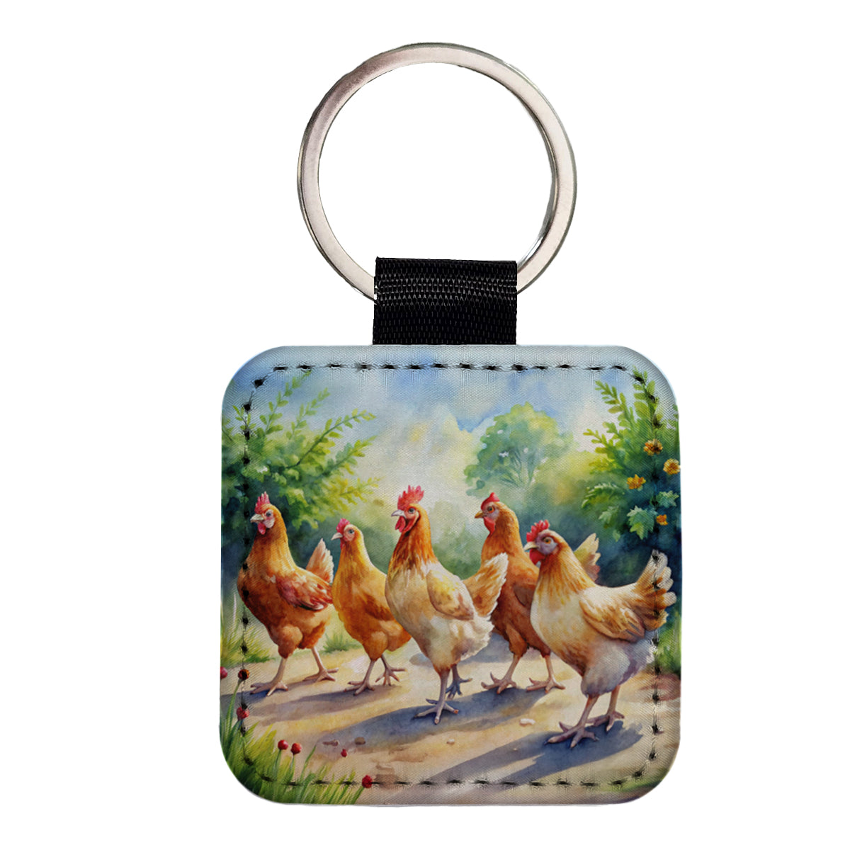 Chickens Walking Around Watercolor Square Faux Leather Keychain