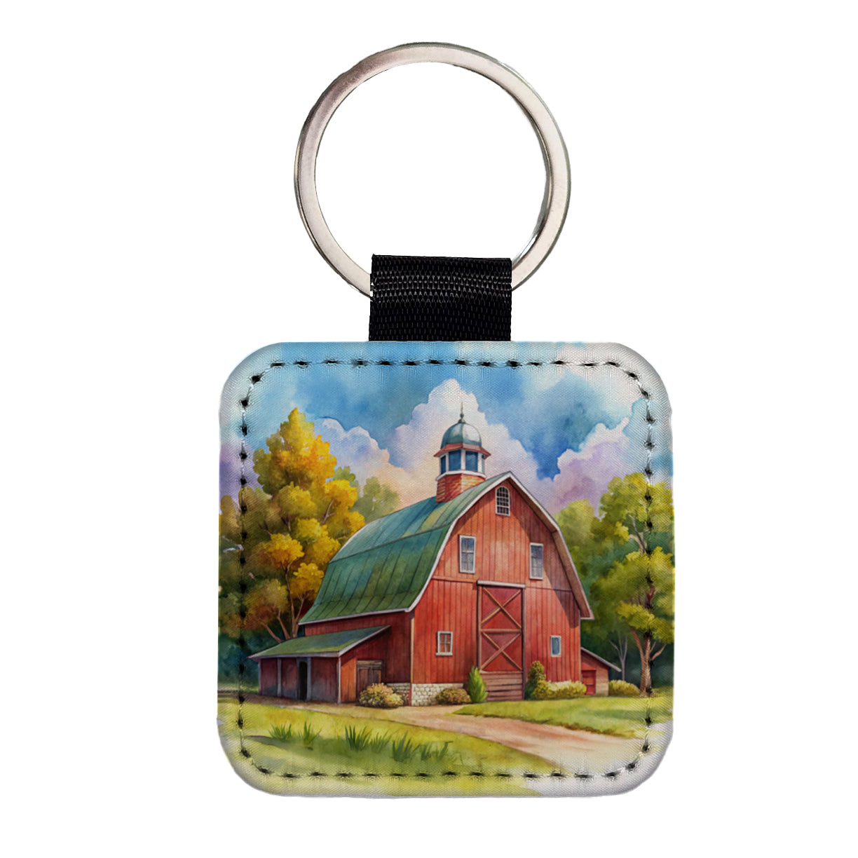 Classic Red Barn Watercolor Square Faux Leather Keychain