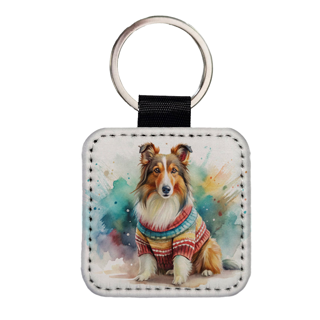 Collie Dog Wearing A Sweater Watercolor Square Faux Leather Keychain