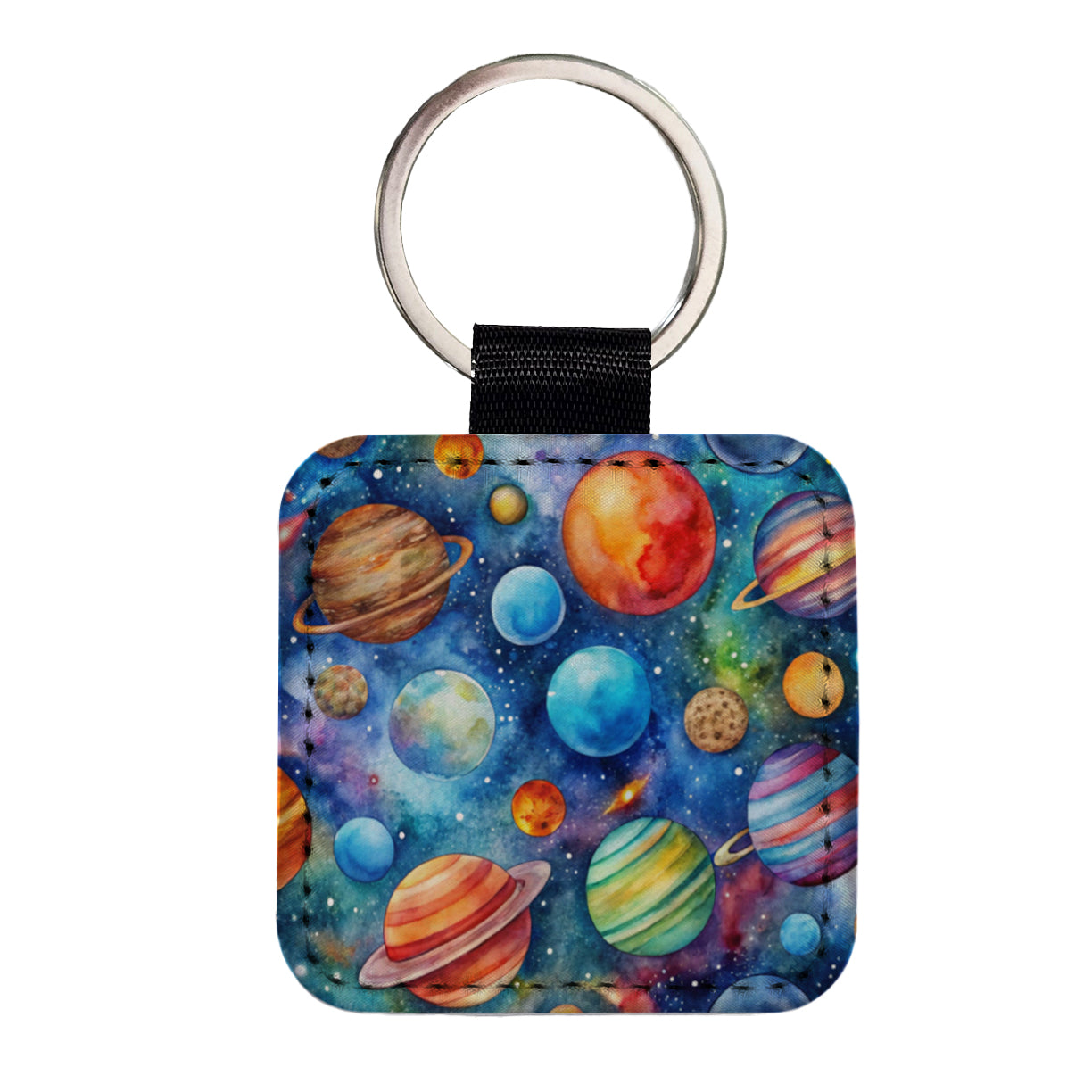 Colorful Planets In Space Watercolor Square Faux Leather Keychain