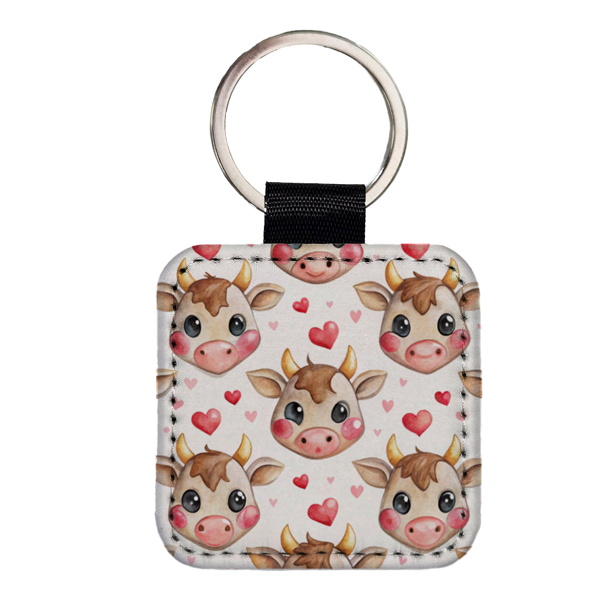 Cute Cow Faces Hearts Watercolor Square Faux Leather Keychain