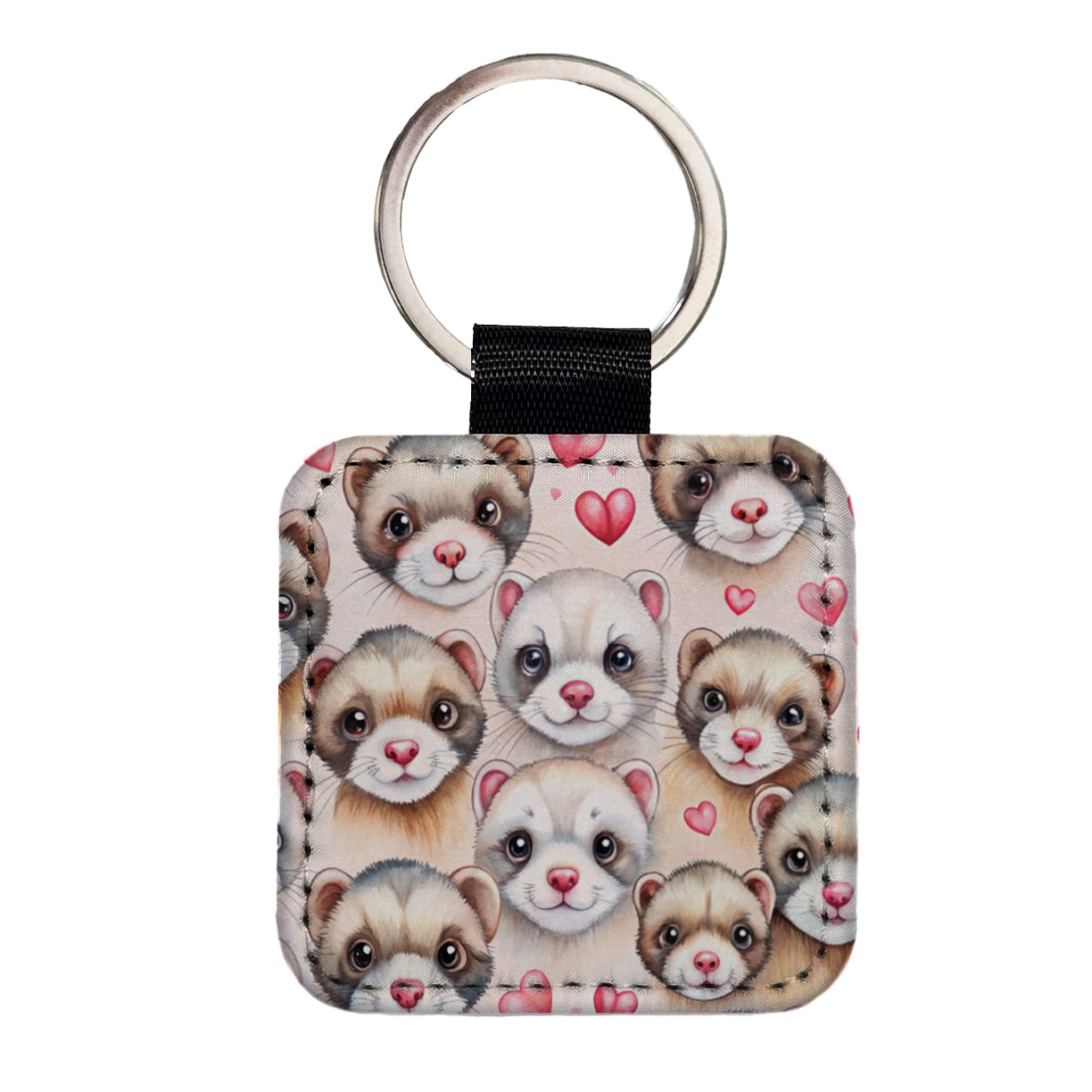 Cute Ferret Faces Hearts Watercolor Square Faux Leather Keychain