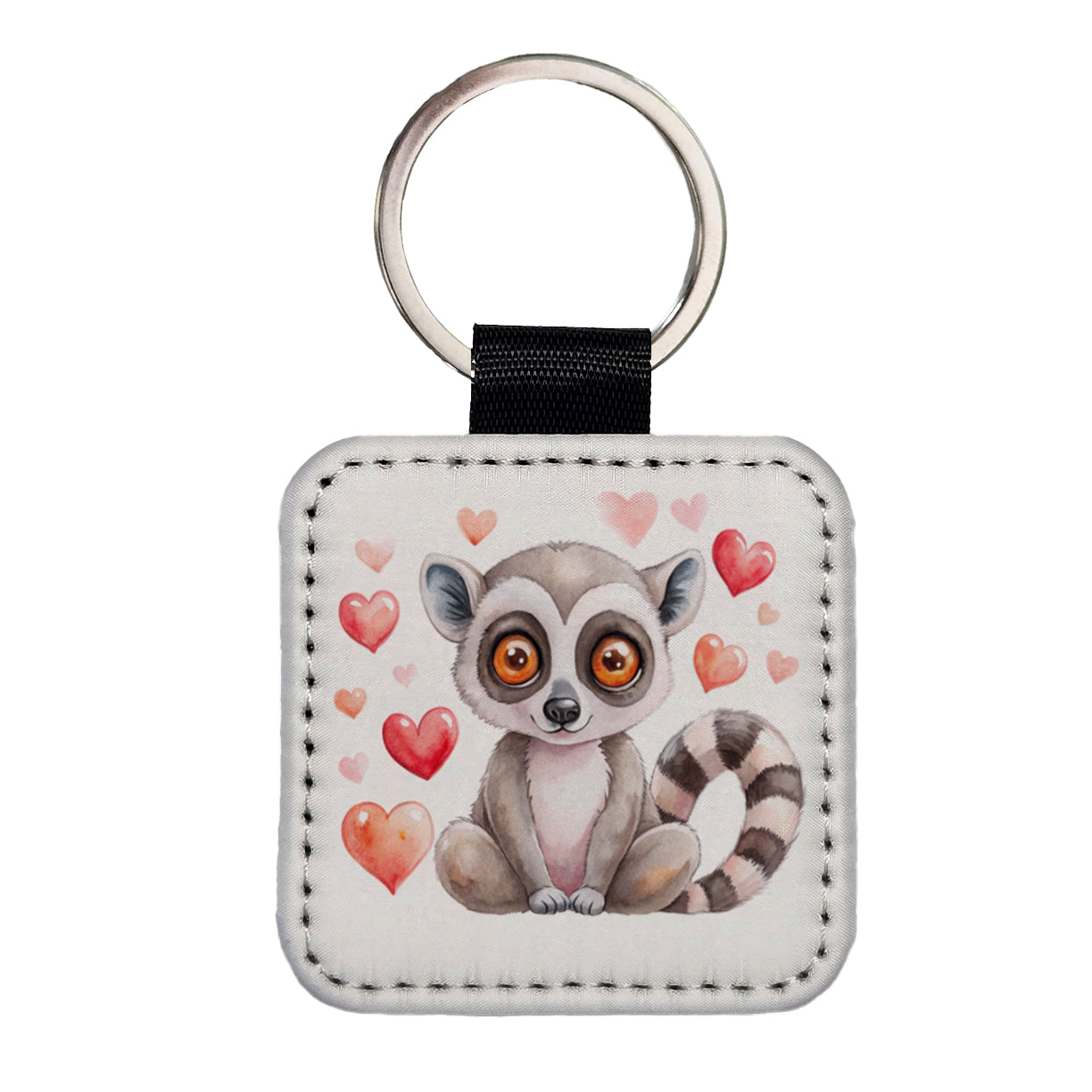 Cute Lemur Hearts Watercolor Square Faux Leather Keychain