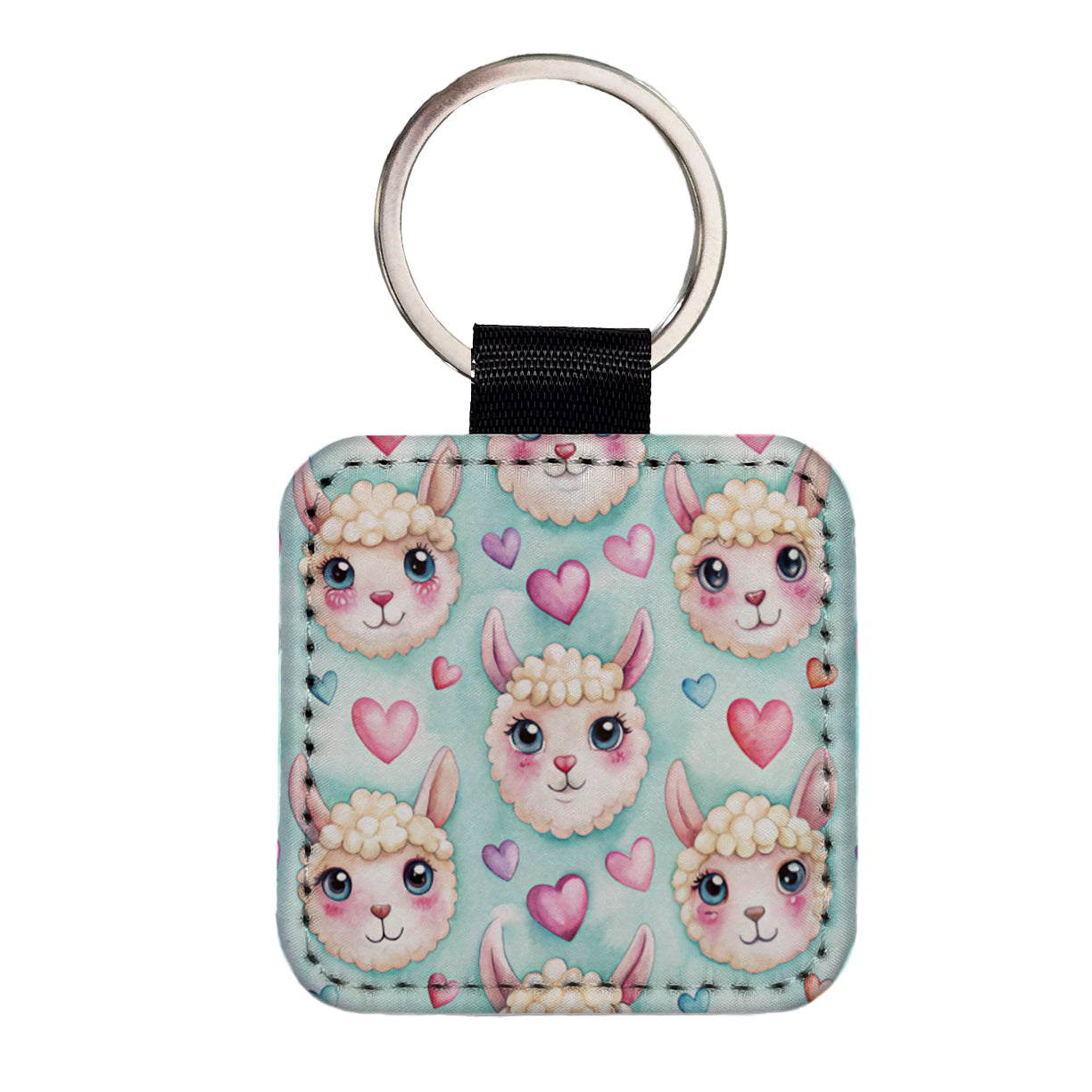 Cute Llama Faces Hearts Watercolor Square Faux Leather Keychain
