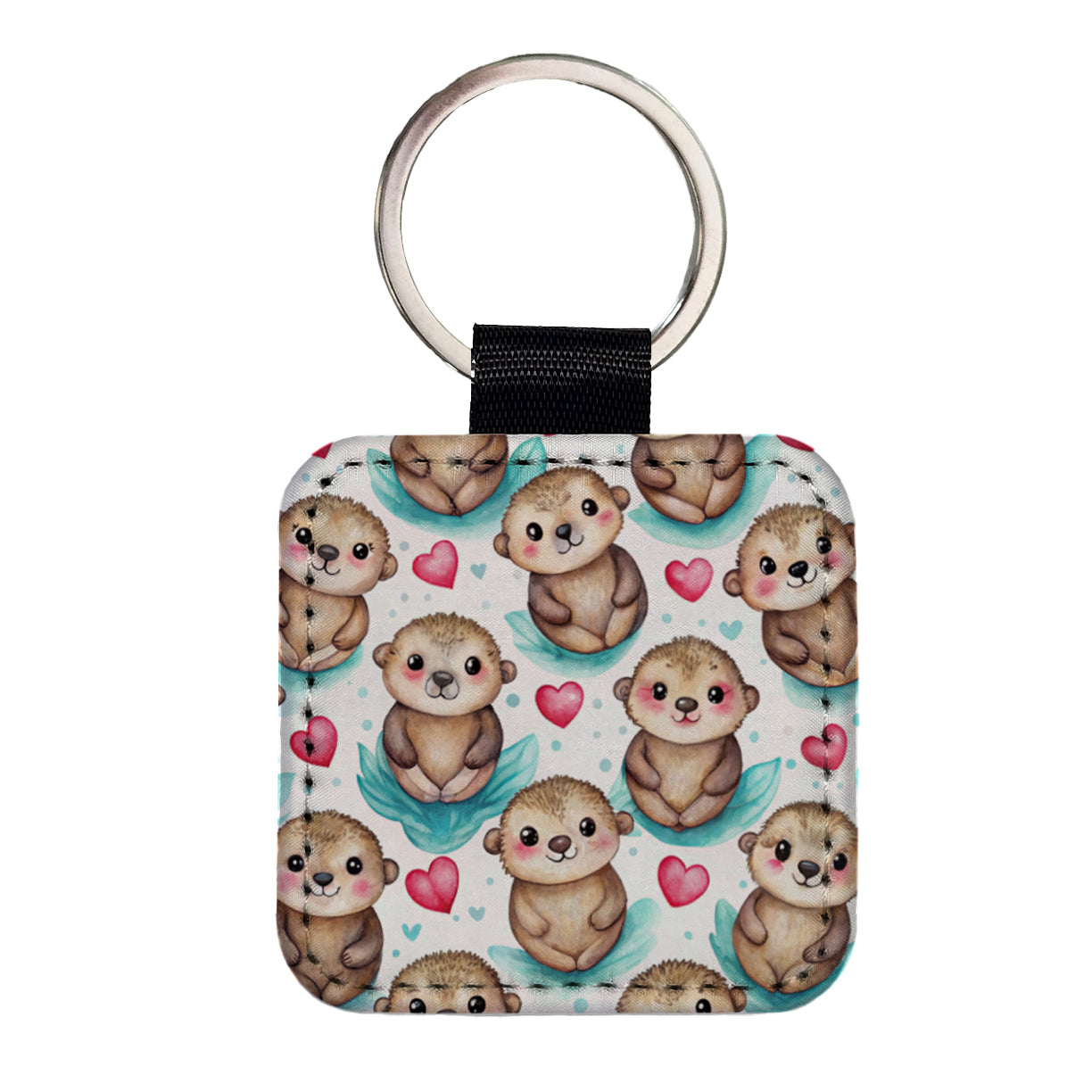 Cute Otters Hearts Watercolor Square Faux Leather Keychain