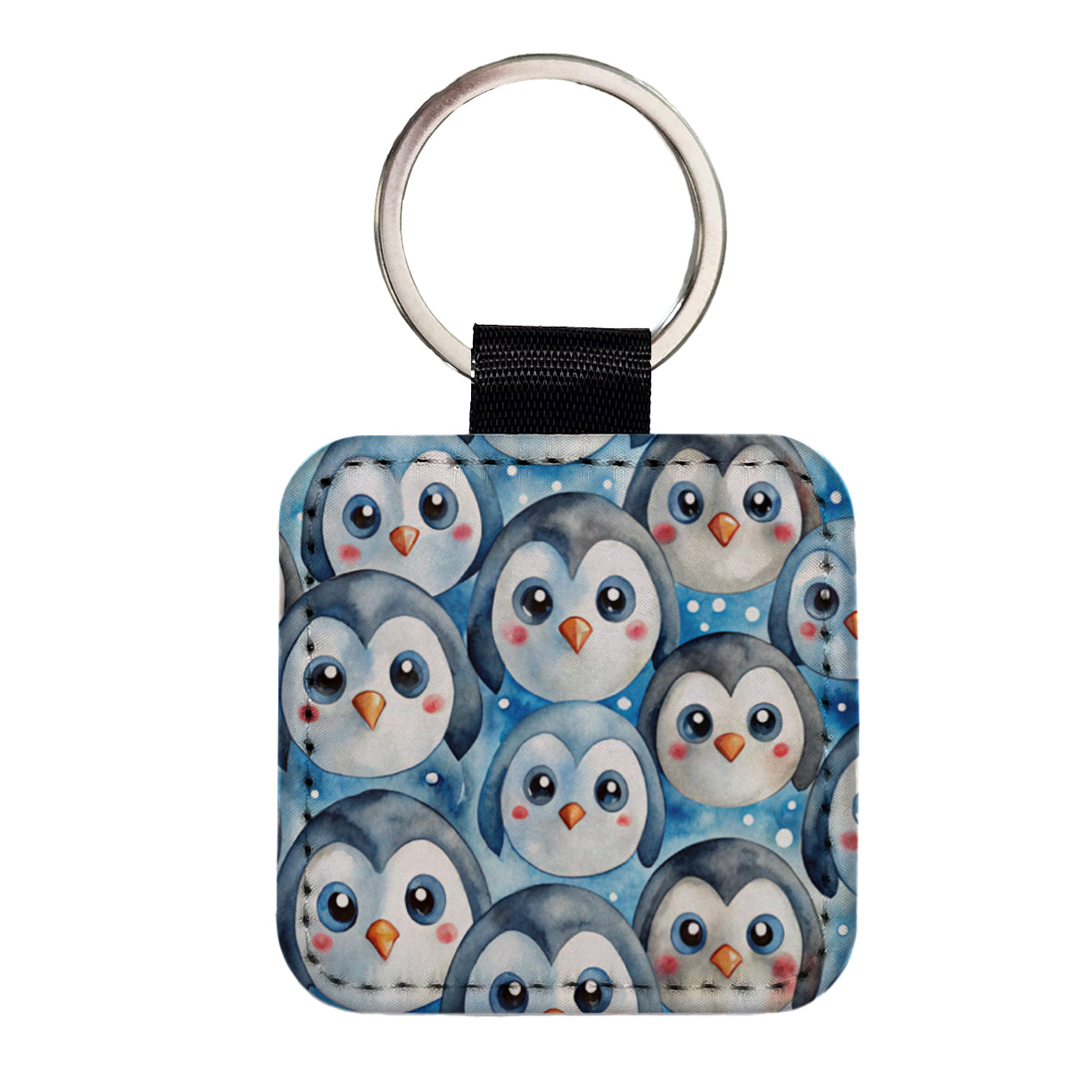 Cute Penguin Faces Watercolor Square Faux Leather Keychain