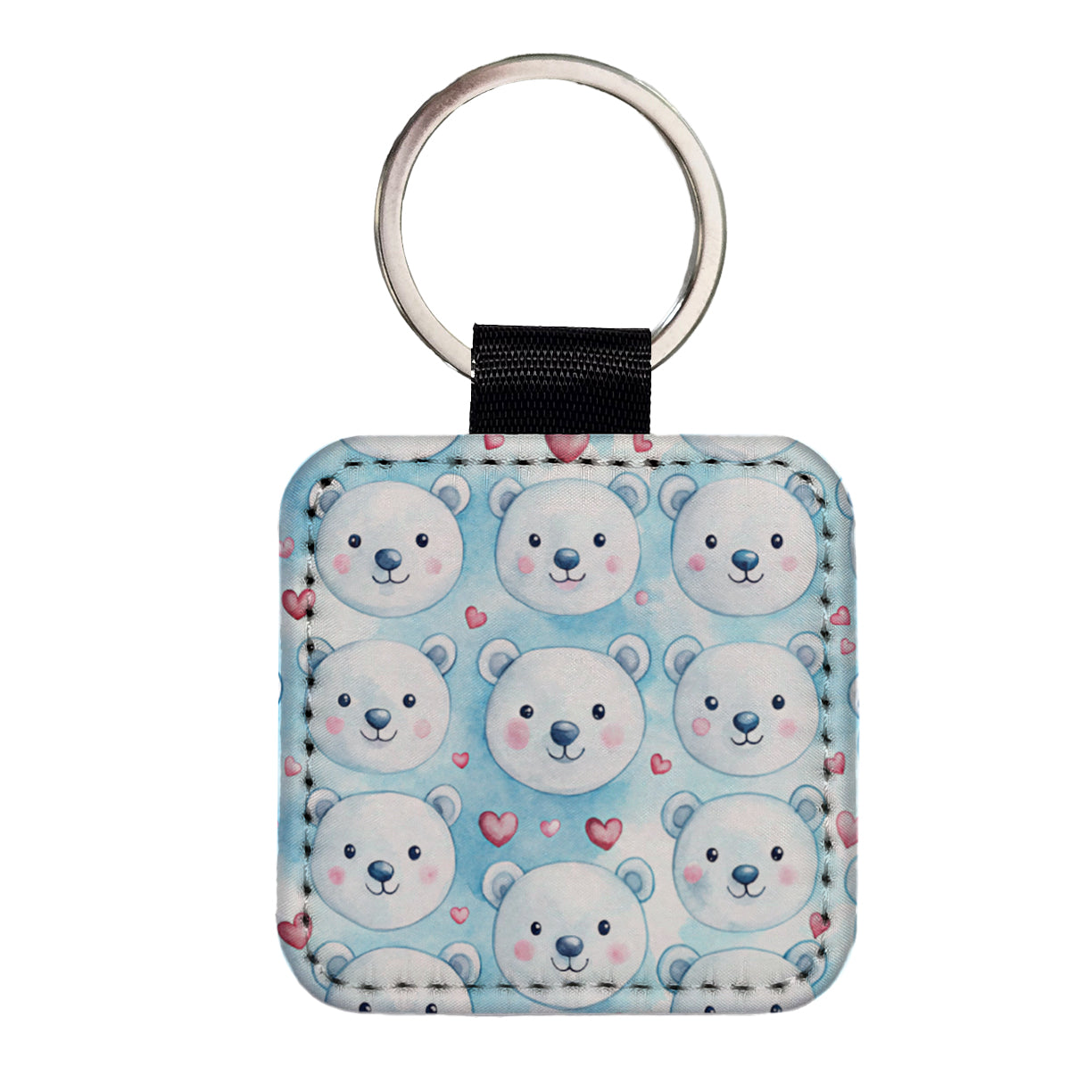 Cute Polar Bear Faces Hearts Square Faux Leather Keychain