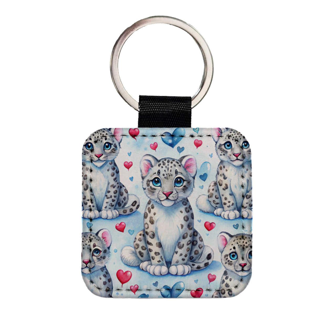 Cute Snow Leopard Hearts Watercolor Square Faux Leather Keychain