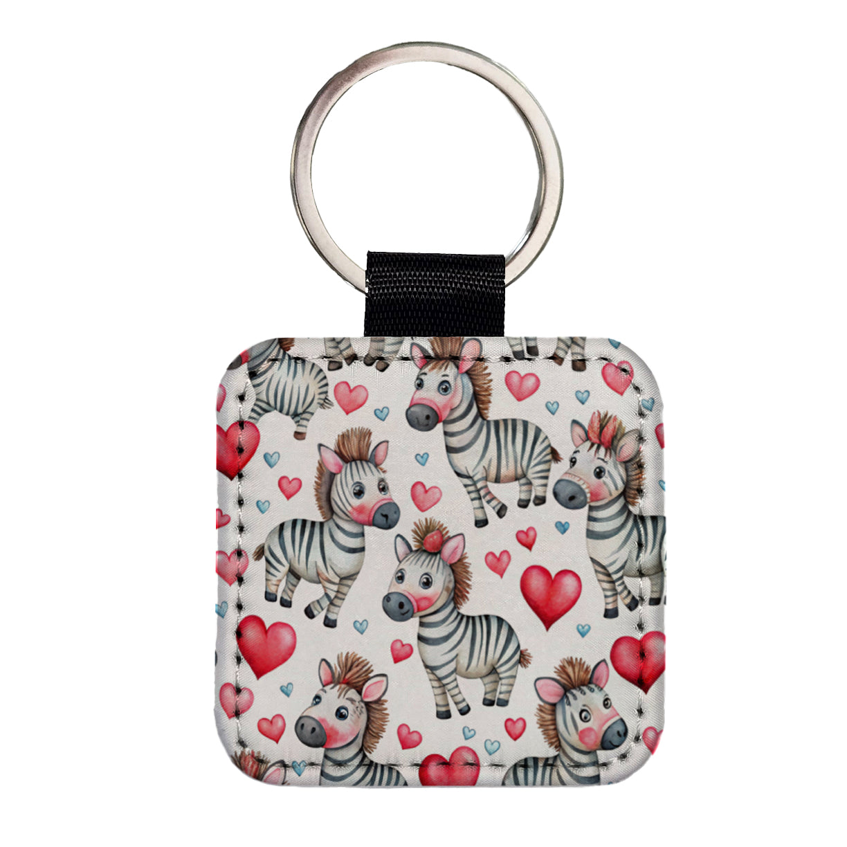 Cute Zebras Hearts Watercolor Square Faux Leather Keychain