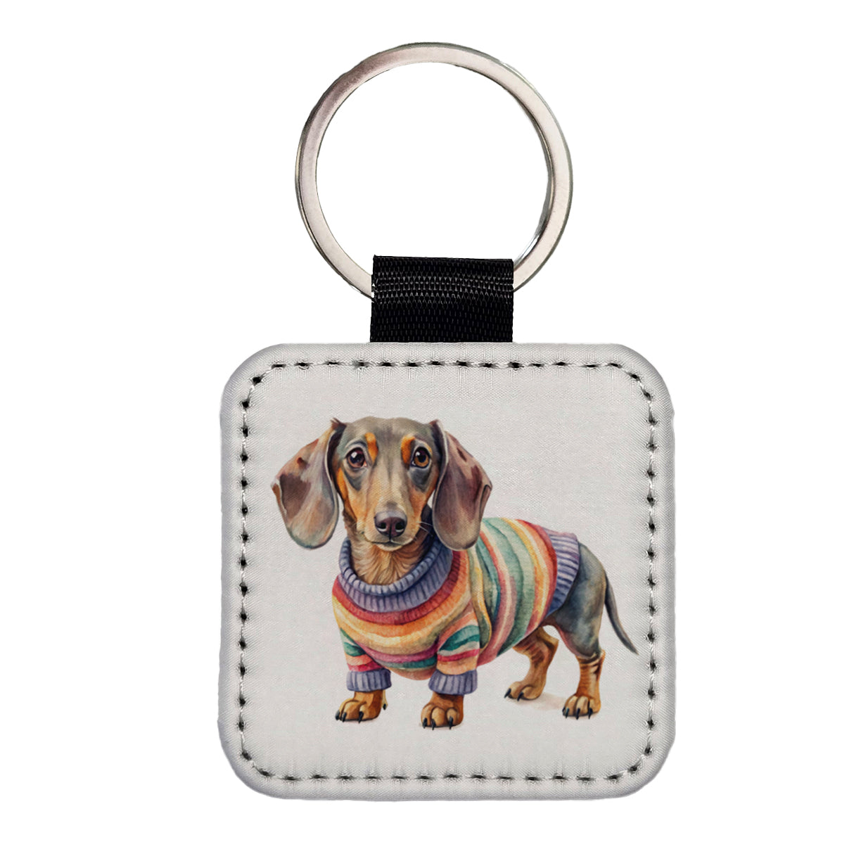 Dachshund Dog Wearing A Sweater Watercolor Square Faux Leather Keychain