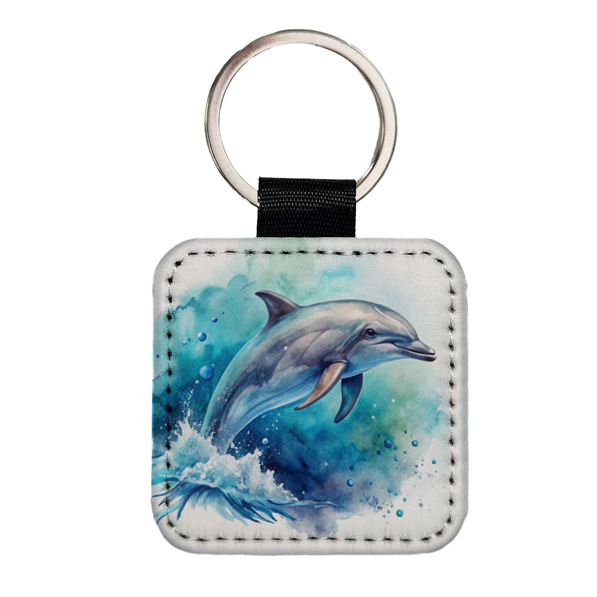 Dolphin In Ocean Watercolor Square Faux Leather Keychain