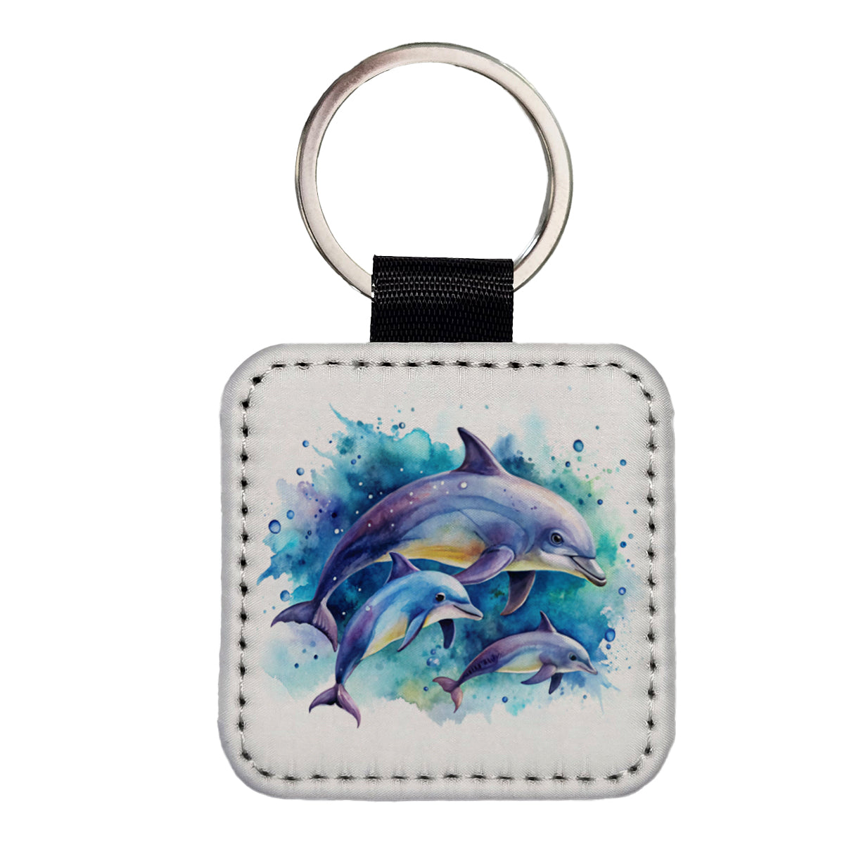 Dolphins Family Watercolor Design Square Faux Leather Keychain