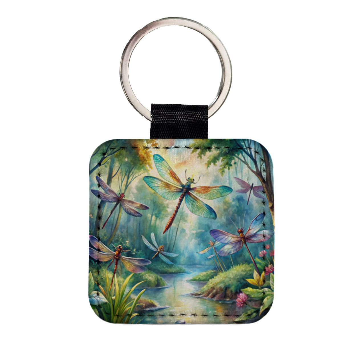 Dragonflies Forest Fantasy Watercolor Design Square Faux Leather Keychain