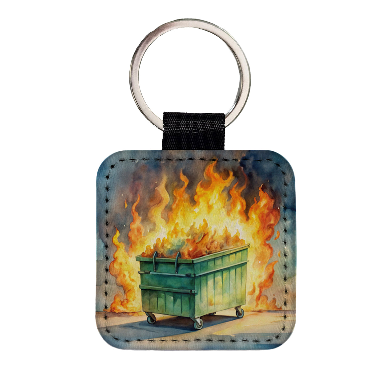 Dumpster Fire Watercolor Trash Square Faux Leather Keychain
