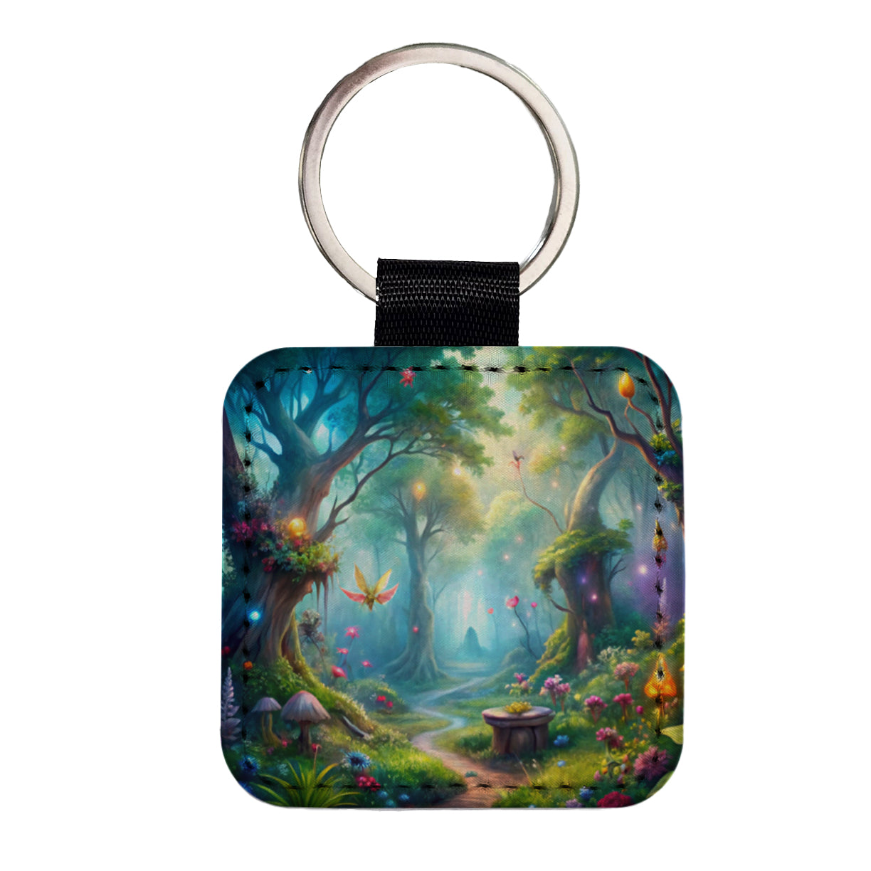 Fairy Forest Fantasy Watercolor Beautiful Square Faux Leather Keychain