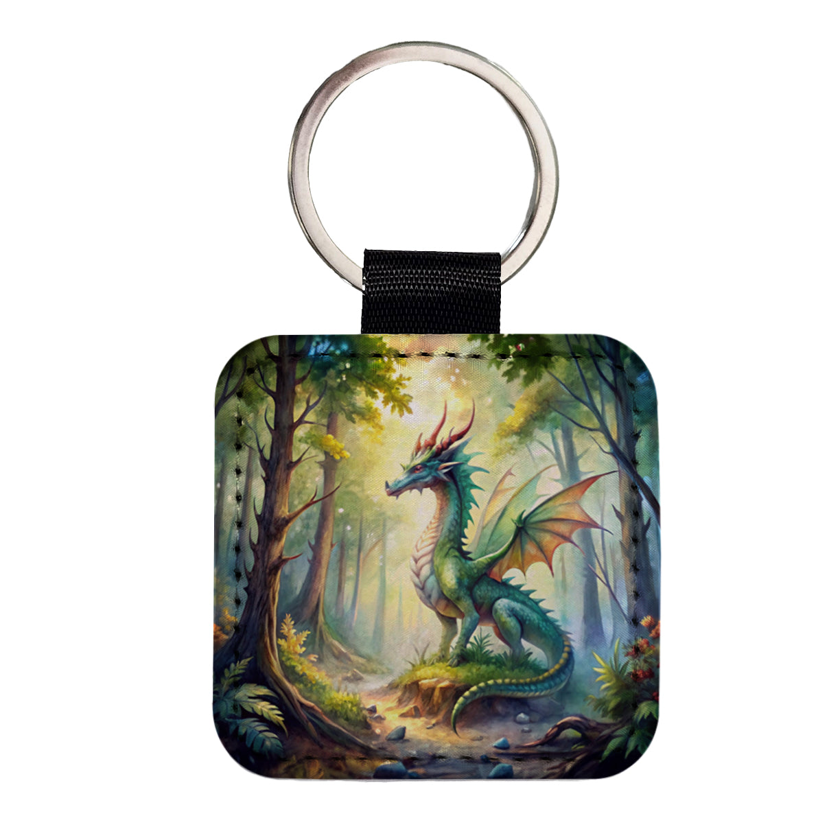 Green Dragon In Forest Watercolor Fantasy Square Faux Leather Keychain